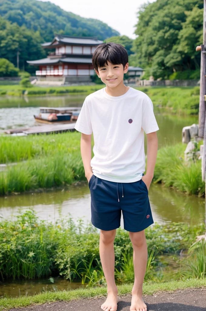 Japan Boys, , village background, look straight、barefoot、Shorts