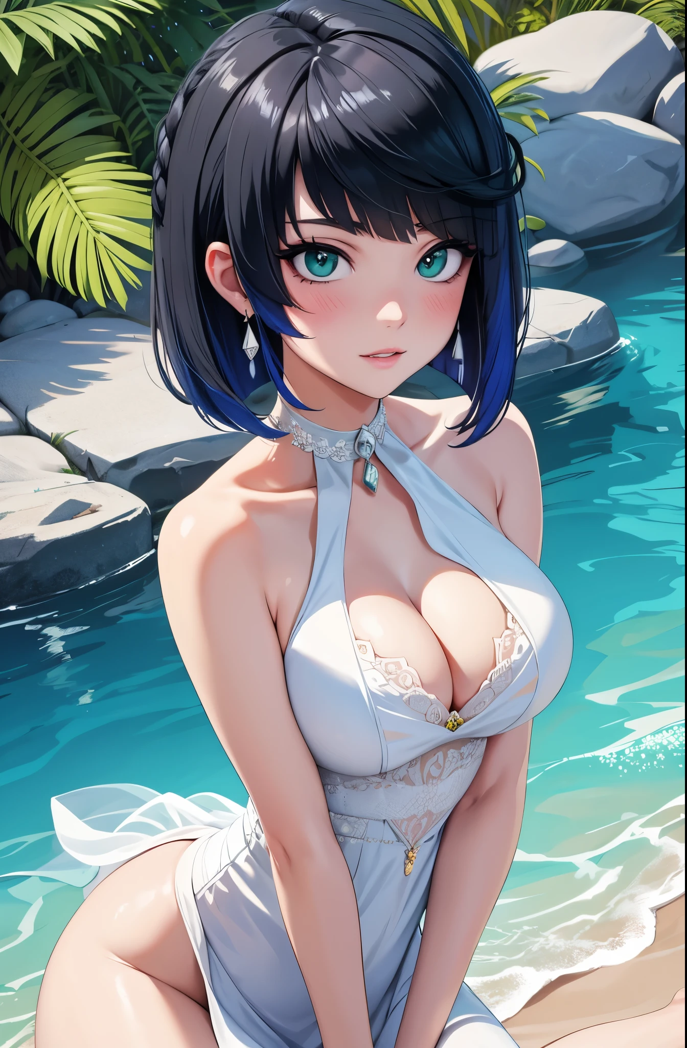 perfect body, sensual cleavage, medium breasts, white dress, sexy wedding dress, Ultra HD, 4k image, character view from above, best image quality, art press, 超高分辨率, (fidelity: 1.4), photoreal, 1 bride, light green globe eyes, eyelashes, beautiful pupil, shadows, slight blush, delicate facial features, reasonable facial features, bare shoulders exposed, waist exposed