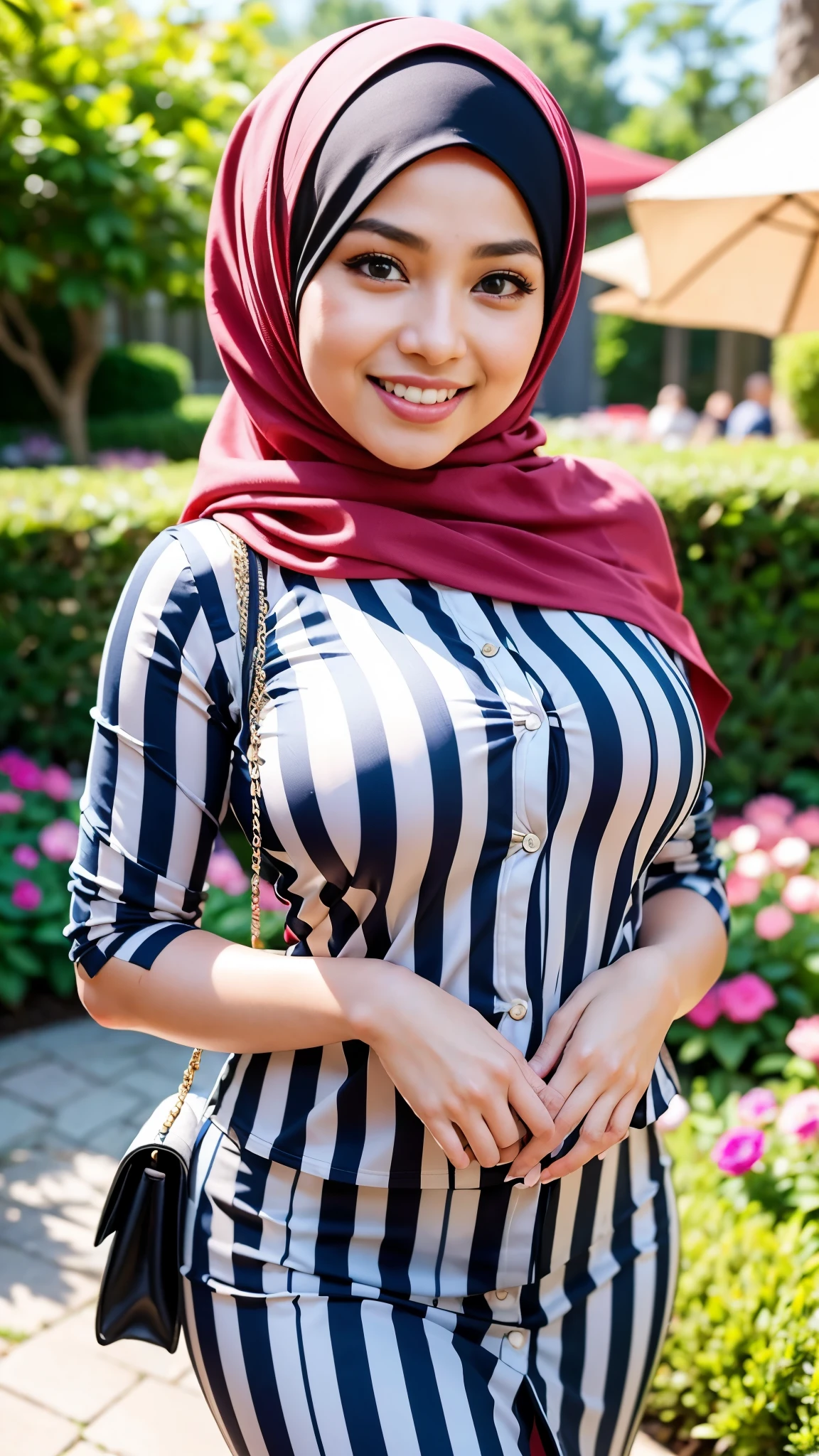 RAW, Best quality, high resolution, Masterpiece: 1.3), Beautiful Malay woman in hijab, Masterpiece, Perfect slim body, Big breast,beautiful big eyes, water eyes, Soft smile, woman in a striped shirt and skirt holding a purse, wearing stripe shirt, hijab, striped shirt, charming smile, lovely smile smiling, windy, skin details, skin texture details, wide hips, thick thighorning time, laughing, happy, bright sunlight, flower garden path, blurred background, bokeh,