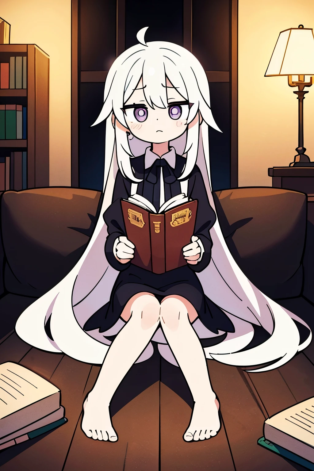 anime girl, very long white hair, pale skin, white dress, she is sitting on a medieval chair where in her hands she holds a leather book with a star on its cover, she is reading that book and many insects come out of it, which They run through her entire body, she is barefoot, it is dark where she is and there is only a lamp next to her which illuminates her face a little, she has white eyes and is sad, the design is in pencil