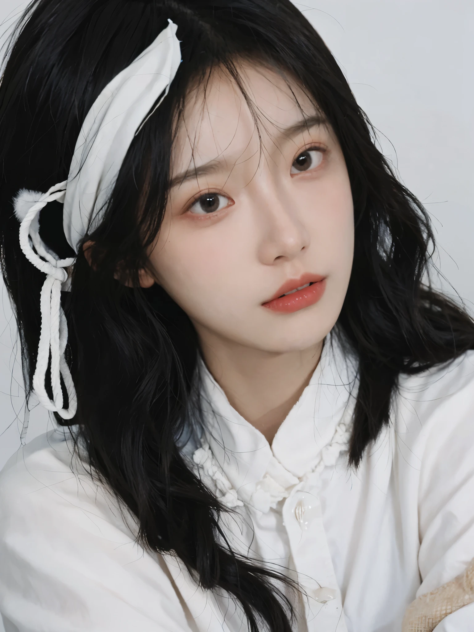 best quality， ultra high resolution， White background，（realistically：1.4）， girl， A pair of eyes as clear as snow,Royal sister，Black long straight， looking at the audience， close up ，