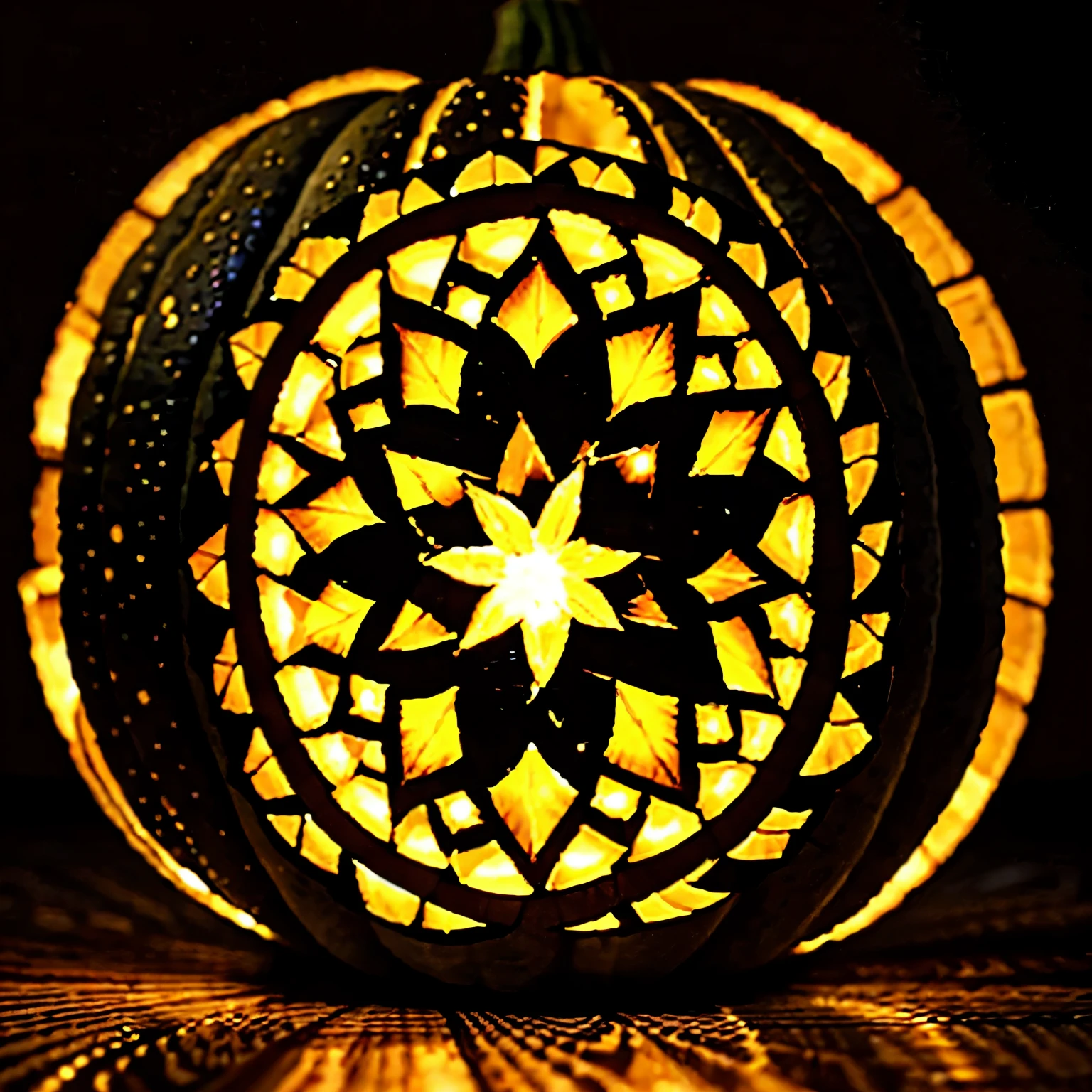 best quality, 32k, RAW photo, incredibly absurdres, extremely detailed, artwork, pumpkins carved in a kaleidoscope and colored colorfully, dark background, light up, delicate, flashy and dynamic depiction