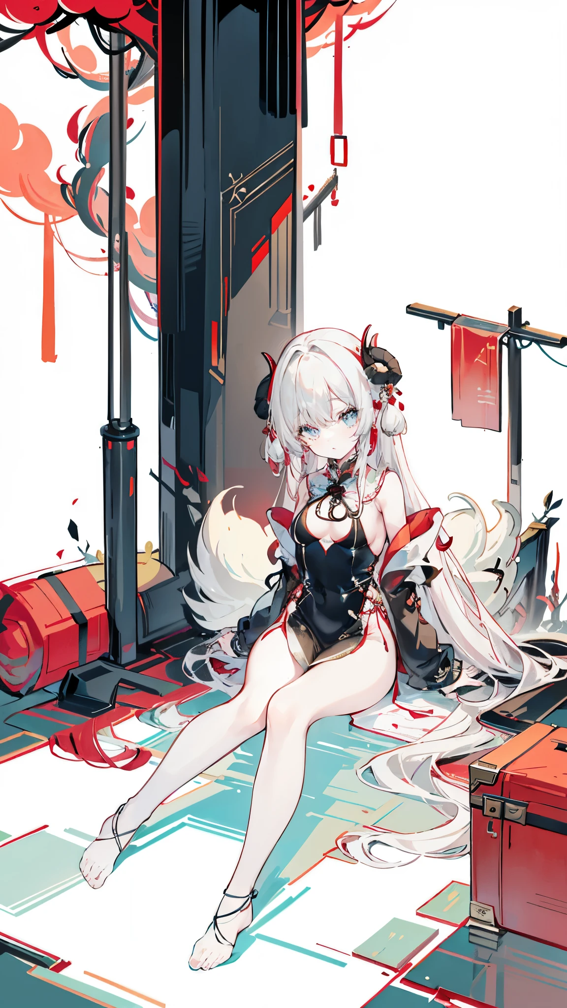 a girl，Sheep&#39;s horn, full color,  long white hair, Red眼睛 ，Eyeliner,  black transparent clothes, Red, open air, Rose, night, ruins, Butterfly，mine same as the original, mine, , (:1.2)
rest, (cheongsam), (view from below), (Put your arms behind your back), (wild lift), thin dress, Crotch cutout, 
rest looking at viewer, 
rest, Home,
rest (masterpiece:1.2), best quality, high resolution, unified 8k wallpaper, (illustration:0.8), (Beautiful and delicate eyes:1.6), extremely detailed face, perfect lighting, Very detailed cg, (perfect hands, perfect anatomy),soles of feet，sitting，blond，red lips，temperament