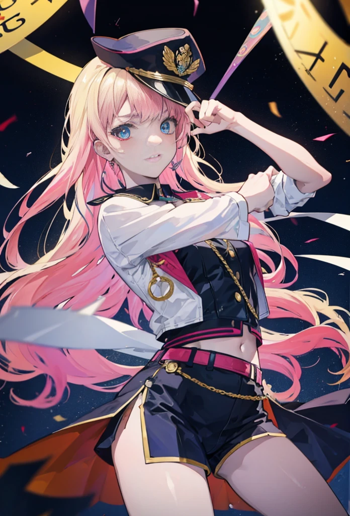 (anime:1.1), highest quality, table top,
1 girl, sherly nome, colorful hair, blonde hair, pink hair, gradient hair long hair, medium breasts, blue eyes, mature woman,  looking at the viewer, smile，Stage Performance, hot air，Police hat,Police uniform,Flag with a long pole on the left,Shorts on the right hand rests on the waist,Knee-high boots，Bring your hair back，Idol singer standing in the center of the stage，Idol singer holding a microphone and singing， Idol singer&#39;s serious and powerful expression. The singer&#39;s voice is strong and beautiful，fans gather around the stage， Fans are singing and dancing with idol singers