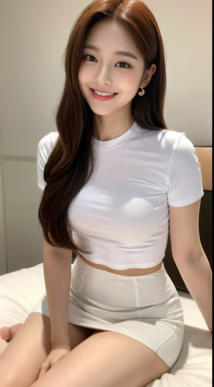 White tight shirt、White tight mini skirt、bed、smile、short sleeve、high resolution、Hallyu Idol Face