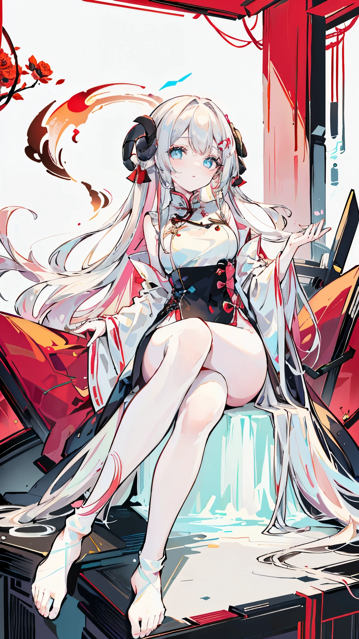 a girl，Sheep&#39;s horn, full color,  long white hair, Red眼睛 ，Eyeliner,  black transparent clothes, Red, open air, Rose, night, ruins, Butterfly，mine same as the original, mine, , (:1.2)
rest, (cheongsam), (view from below), (Put your arms behind your back), (wild lift), thin dress, Crotch cutout, 
rest looking at viewer, 
rest, Home,
rest (masterpiece:1.2), best quality, high resolution, unified 8k wallpaper, (illustration:0.8), (Beautiful and delicate eyes:1.6), extremely detailed face, perfect lighting, Very detailed cg, (perfect hands, perfect anatomy),soles of feet，sitting，blond，red lips，temperament