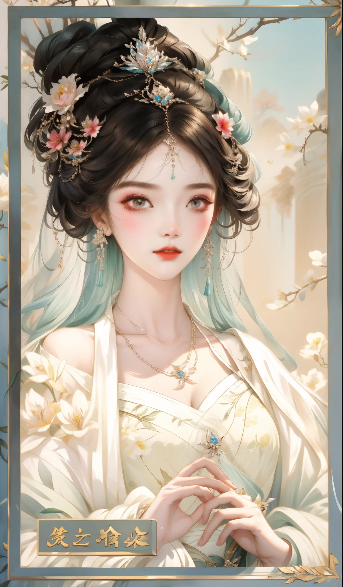 A woman wearing a tiya、Close-up of lady with necklace and floral tiara, palace , A girl wearing Hanfu, beautiful fantasy queen, ((beautiful fantasy queen)), guweiz, beautiful figure painting, ancient chinese princess, guweiz style artwork, Inspired by Lan Ying, Inspired by Qiu Ying, hanfu