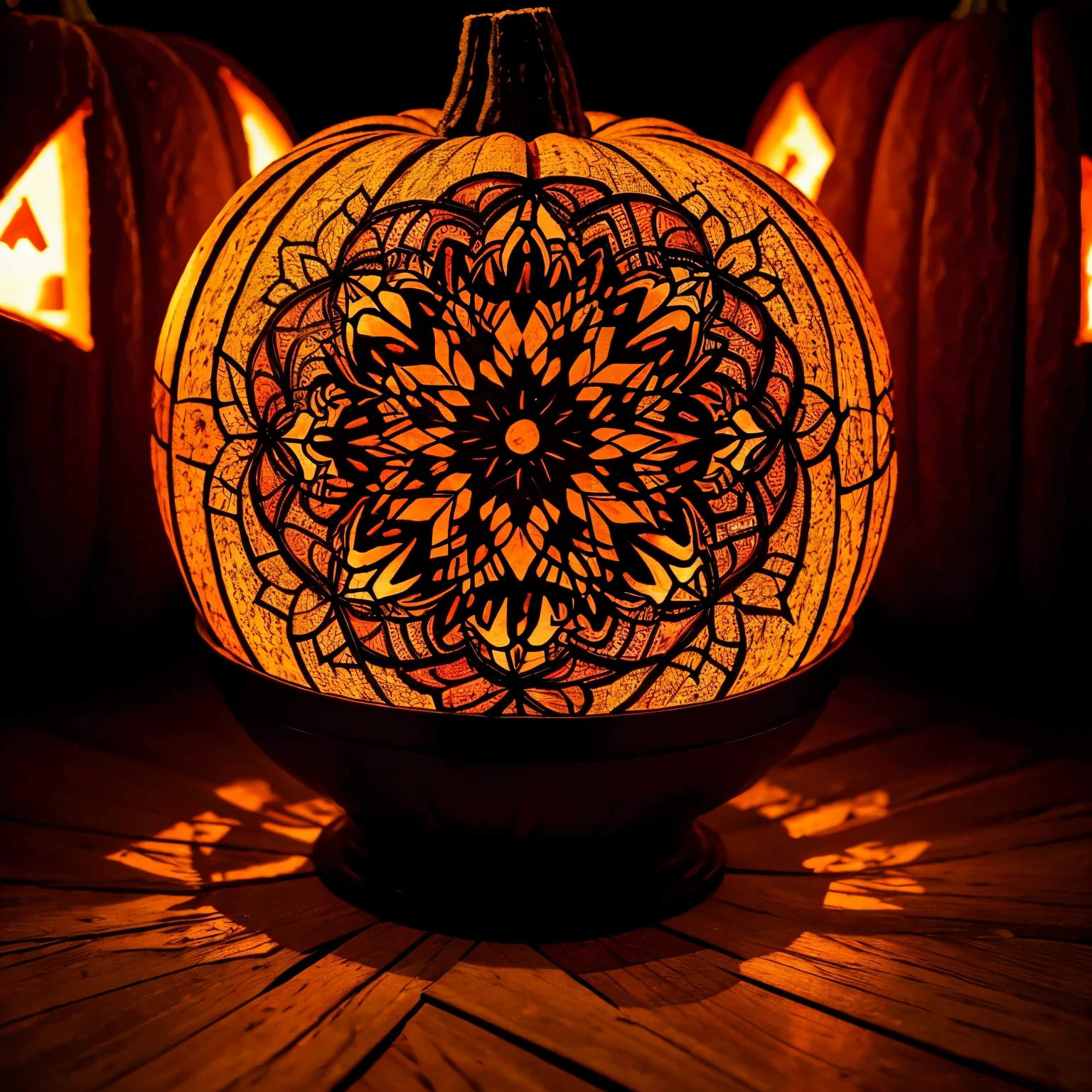 best quality, 32k, RAW photo, incredibly absurdres, extremely detailed, artwork, pumpkins carved in a kaleidoscope and colored colorfully, dark background, light up, delicate, flashy and dynamic depiction