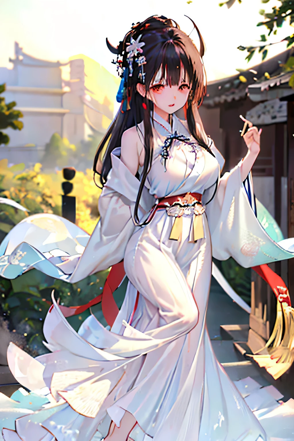 (masterpiece:1.5),(best quality:1.5),(ultra-detailed:1.5),illustration,cowboy shot,1girl,solo,(buildings),perfect face,lustrous skin,long hair,beautiful detailed eyes,beautiful flowing hair,(ru_qun:1.5),(hanfu:1.5),chinese clothes, white dress,white thighhighloom),lighting, ray tracing,outdoors,  mountains, nature,hair ornament, hair ribbon,hand on hip,looking at viewer,ahoge,large breasts, (deep depth of field:1.5),hair ornament, forest,barefoot sandals, Giant Breast Girl，Beautiful eye and face details，tmasterpiece，Best quality at best，，The chest more exposed