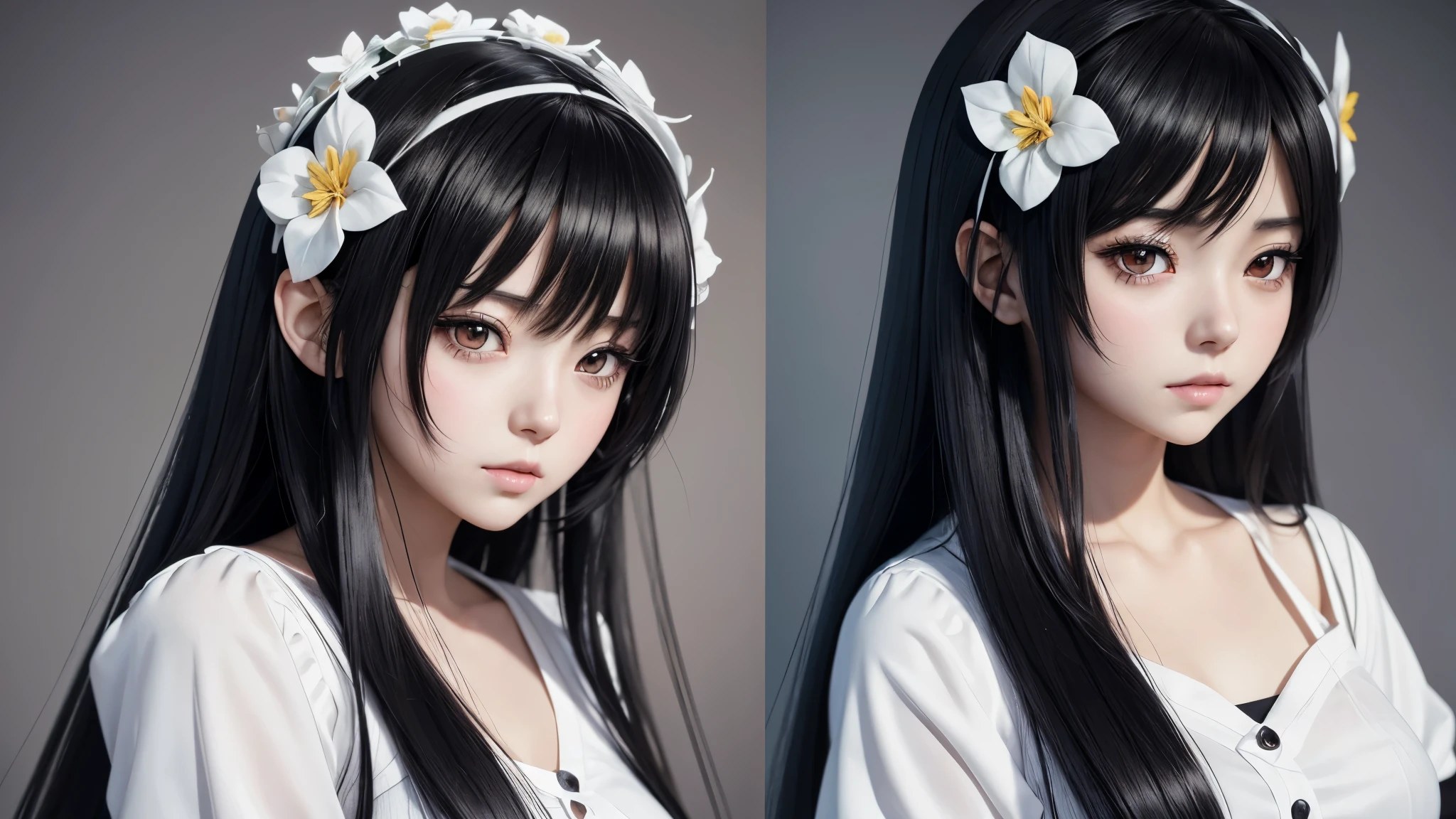 wearing white shirt、Anime girl with long black hair wearing a flower crown, Beautiful anime portrait, Stunning anime face portraits, beautiful anime girl, kawaii realistic portrait, Detailed portrait of anime girl, Portrait anime girl, Realistic anime 3D style, realistic young anime girl, Realistic anime art style, young anime girl, Anime realistic style, Realistic anime art style