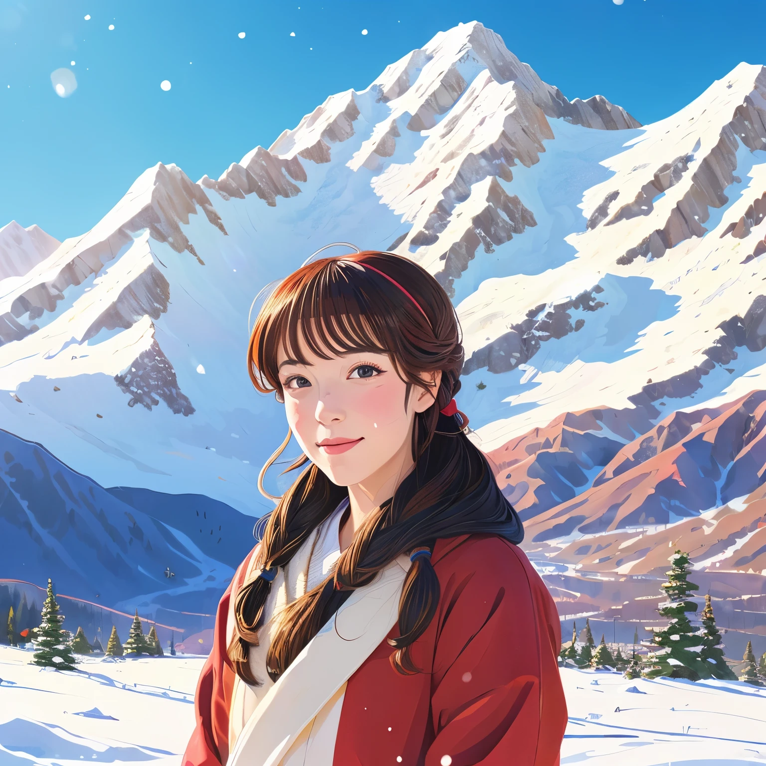 illustration style, ukiyo-e, Showa anime, mature woman, snow, (Sensitive), Asahi, mountains in the background, (highest quality, super detailed, realistic:1.37, portrait, Bright colors, Natural light)