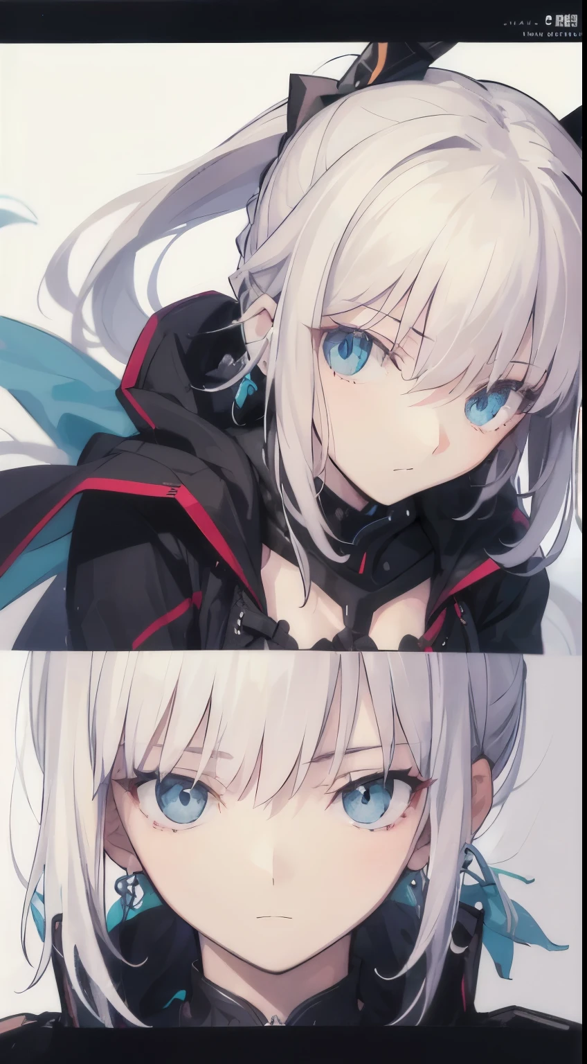 ((Suspicious man's daughter))、big empty blue eyes, petite and slender, ((gray hair,)),((rho)ponytail hair), In 8K, top quality, (highly detailed head: 1.0), (very detailed face: 1.0), (highly detailed hair: 1.0),((派手な黒魔法rhoブ))、 black earrings, Detailed official artwork, clean detailed anime art,sex appeal, cool look