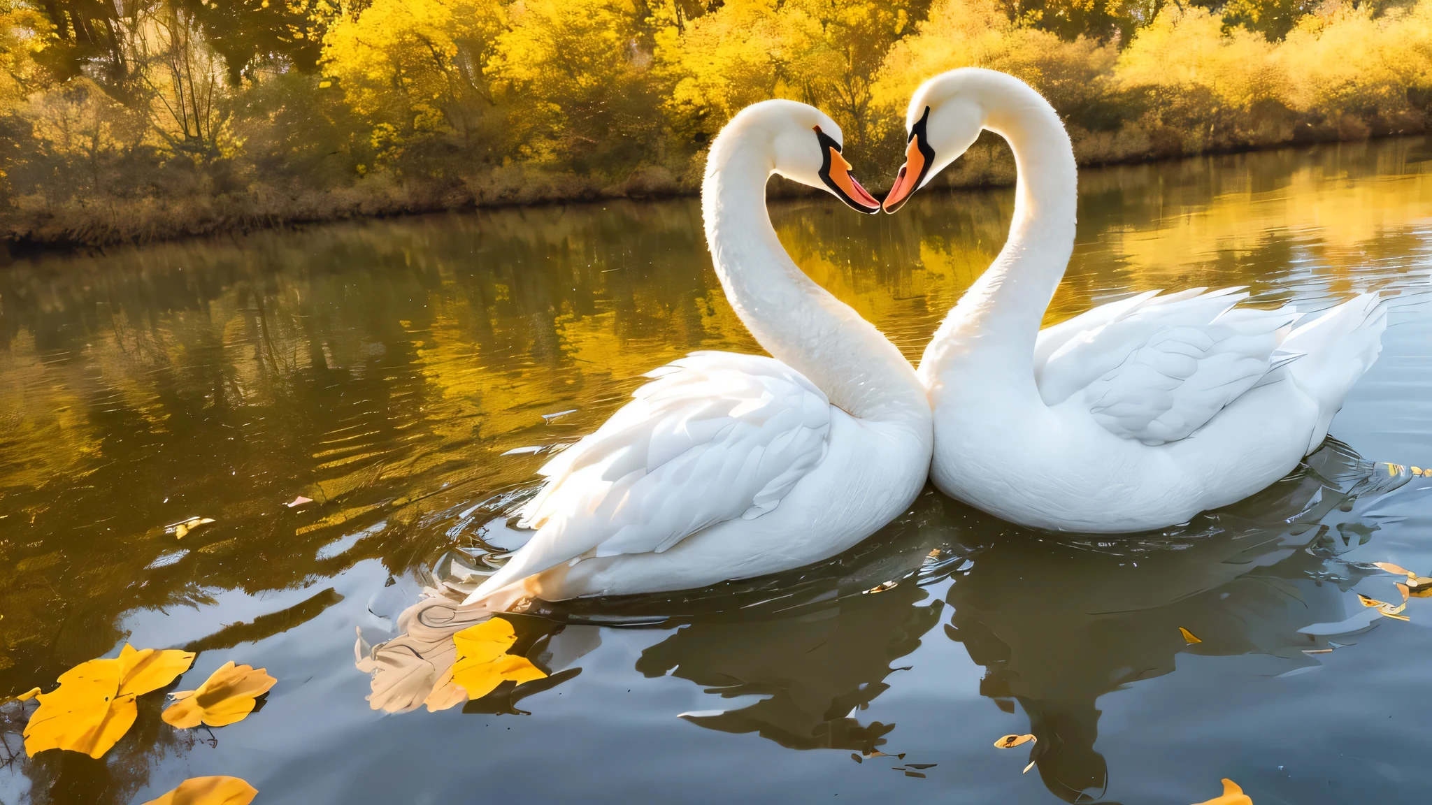 Close-up of a couple of swans making a heart shape on the lake, romantic autumn lake, beautiful shimmering sunlight, romantic scene, yellow leaves floating on the water, white swan of love love, swan couple,