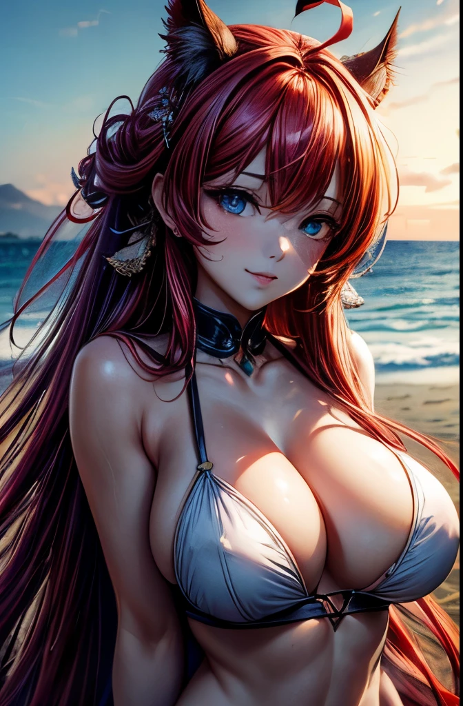 masterpiece, best quality, highres, best quality, highres, rias gremory, 1girl, long hair, micro red binki, red hair, ahoge, blue eyes, large breasts, very long hair, breasts, huge ahoge, beach , strong pose, bikni, beach , modern fashion, yellow bra, smile, (masterpiece: 1.5) (photorealistic: 1.1) (bokeh) (best quality) (detailed skin texture pores hair: 1.1) (intricate) (8k) (HDR) (wallpaper) (cinematic lighting) (sharp focus )
