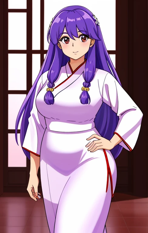 There is a girl with purple hair cartoon, vestido chino abierto, Delantal Hanbok, Traje tradicional chino, (se puede ver parte de los pechos, you can see the areola of the nipple, Primer plano - Ver, hanbok, wearing ancient traje chino ajustado, with ancient traje chino ajustado, palacio, Una chica en Hanfu, Hanfu blanco, cheongsam, con flores rosadas Chiton, Sala de sombras, borde ligero, Two tone lighting, (piel con alto detalle: 1.2), 8k UHD, digital slr camera, Luz tenue, alta calidad, volumetric lighting, vistazo, foto, high resolution, 4k, 8k, bokeh de fondo