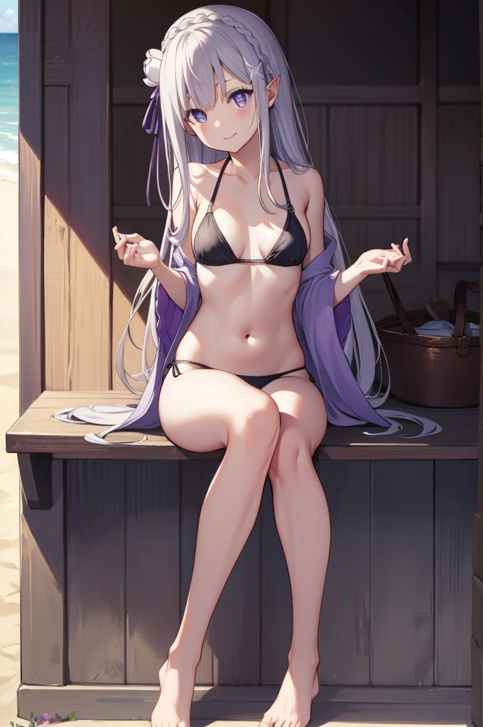リゼロemilia、emilia、Braid、クラウンBraid、flower、髪flower、hair ornaments、hair ribbon、long hair、pointed ears、(purple eyes:1.2)、gray hair、xhair ornaments、 BREAK detach color、Small area black bikini、bikini swimwear、Absolute Ryoiki、 BREAK Outdoor、sandy beach、 Looking at BREAK viewer、BREAK(masterpiece:1.2)、Highest image quality、High resolution、unified 8k wallpaper、(An illustration:0.8)、(beautiful detailed eyes:1.6)、highly detailed face、perfect lighting、Highly detailed CG、(perfect hands、perfect anatomy)、smile、Sitting with legs open