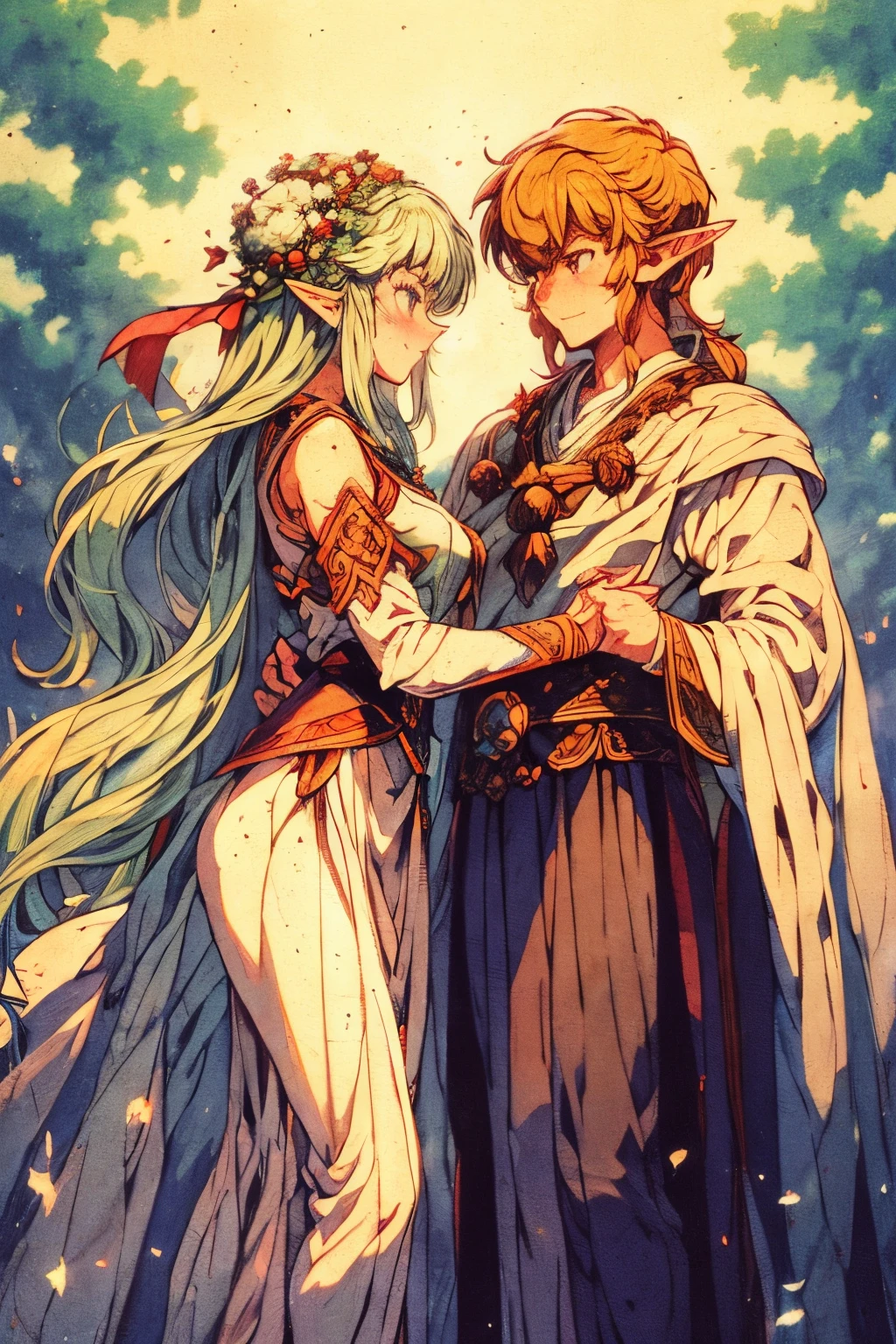(A couple, beautiful elf girl and elf boy), big watery eyes,elfs, looking at each other, smiling and wearing white clothes,
delicate hair, an ancient Chinese beauty and Handsome guy, wearing ancient Chinese clothing, flowing tulle, light silk,(clean background),
ink painting style, clean color, decisive cutting,
blank, freehand, masterpiece, super detailed, epic composition, high quality, the highest quality, 4k