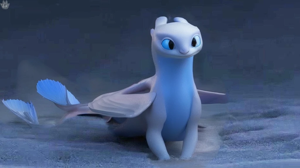 nublessv1,feral female,dragon,membranous wings, white body, blue eyes,tail, lake, (ultra-detailed, realistic:1.37), shiny dragon, finned paws, salamander, smooth blue scales, deep-sea creature, vibrant colors, ethereal lighting, smooth skin, salamander, large dorsal fin, webbed paws, smooth scales, light purple eyes, fins, salamander like dragon,