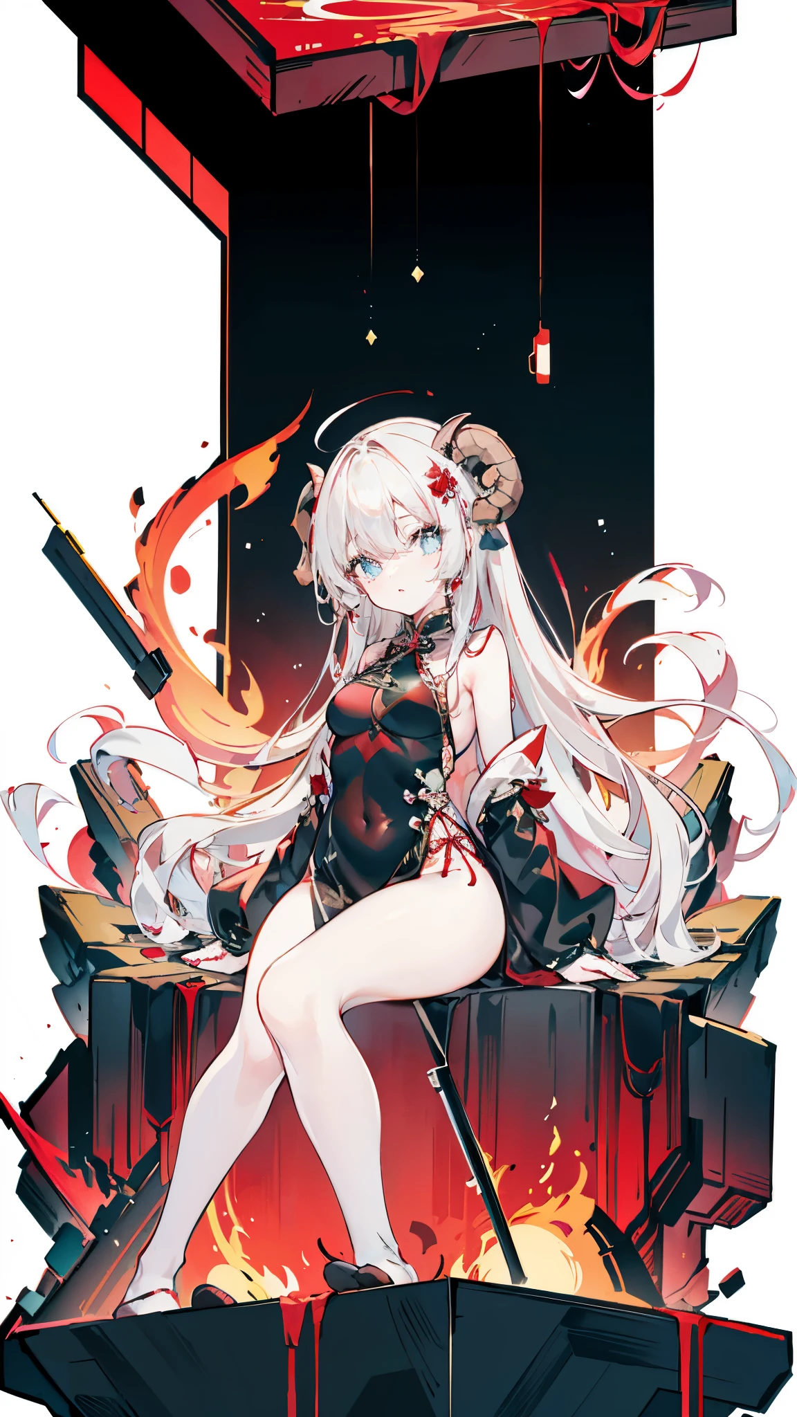 a girl，Sheep&#39;s horn, full color,  long white hair, Red眼睛 ，Eyeliner,  black transparent clothes, Red, open air, Rose, night, ruins, Butterfly，mine same as the original, mine, , (:1.2)
rest, (cheongsam), (view from below), (Put your arms behind your back), (wild lift), thin dress, Crotch cutout, 
rest looking at viewer, 
rest, Home,
rest (masterpiece:1.2), best quality, high resolution, unified 8k wallpaper, (illustration:0.8), (Beautiful and delicate eyes:1.6), extremely detailed face, perfect lighting, Very detailed cg, (perfect hands, perfect anatomy),soles of feet，sitting，blond，red lips，Acting cute，close up