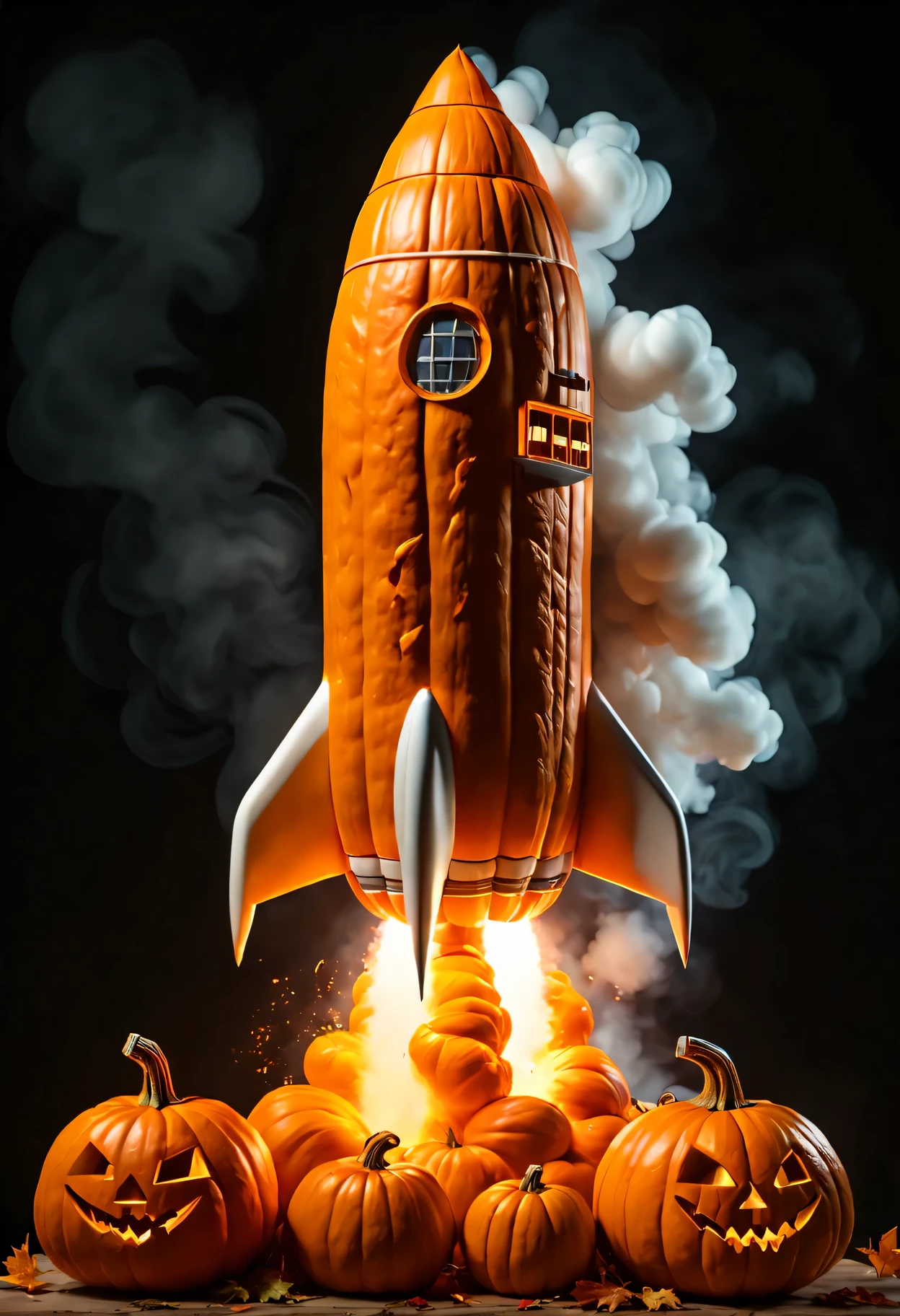 (pumpkin carved rocket, Carve pumpkins, Launch, smokeest quality,4K,8k,high resolution,masterpiece:1.2), Super detailed, (actual,photoactual,photo-actual:1.37), human development report, ultra high definition, professional, bright colors, concept artist, studio lighting, sharp focus