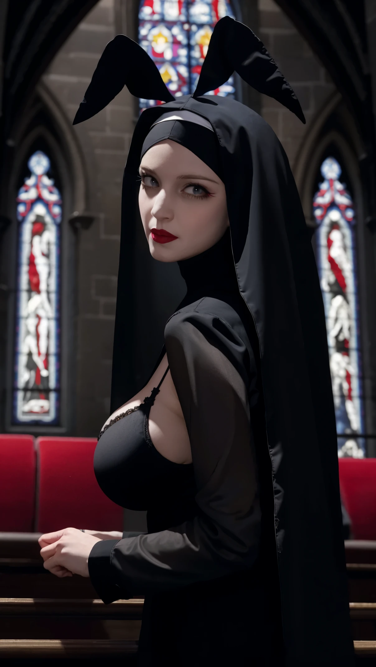 raw, analog) (gothic nun huge breast), set in the 1990's, surreal make up, extreme micro bunny theme red lingerie G-string lingerie inside a gothic church at night, neon lights, very dark, horror, red shades, chaos, sinister, high details, ultra realistic, SonyA7III, cinematic lighting, film, grain, UHD faces, volumetric shadow, insanely detailed,