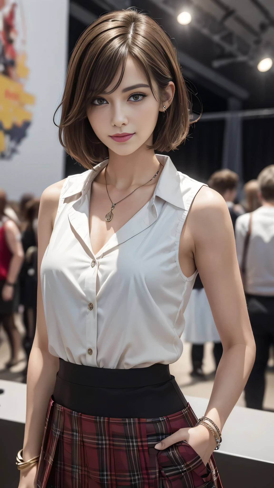 (Masterpiece, best quality, award winning, photorealistic, fashion photography :1.5), Photoshoot by DSLR camera with vivid color tone, sharp focus, 35mm. lens and f/2.8. close-up shot at comic con event hall, A beautiful European female youth, model, ig idol, delicate face, perfect slim body, attractive slender figure, beautiful eyes, no make-up, dark blonde messy short hairs. Wearing white sleeveless button down shirt, black thighhighs, red kilt-skirt, pendant, bracelet, event hall, crowd in backgrond, smirking.