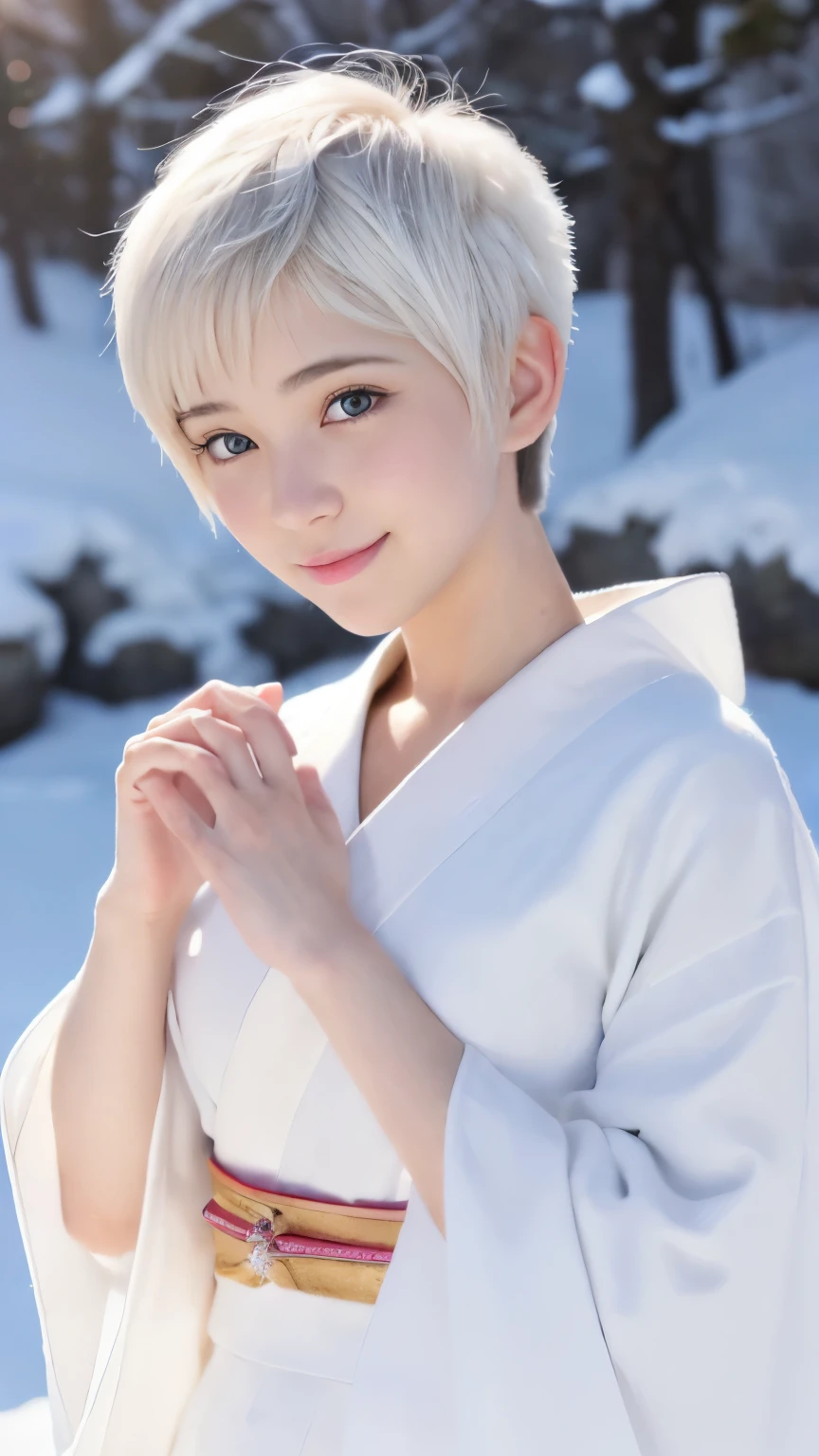 ((Best-quality, Masterpiece, Ultra-High-Resolution, (Photorealistic:1.4), Raw-Photo, Extremely-Details, Perfect-Anatomy)), 1girls, 18-years-old, the most popular Japanese-idol, standing at snowy mountain, innocent smile, claw-pose, (((((extremely cute face like a most famous Japanese-idol, extremely beautiful big-black-eyes, extremely beautiful white-short-cut-haired))))), extremely beautiful lips, extremely beautiful long-eyelashes, extremely beautiful white-skins, extremely beautiful hands, extremely beautiful fingers, wearing only white-Japanese-KIMONO, detailed snowy-mountain, detailed white-Japanese-KIMONO