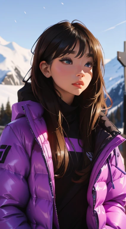 Beautiful girl with detailed face and eye-catching pose standing in front of colorful snow mountain landscape. 풍경은 다양하고 vivid colors을 갖추고 있으며 웅장한 무지개도 포함되어 있습니다.. the girl is long., Brunette hair adds to her elegance and uniqueness.. She wore a hip-hop style padded jacket., It makes her trendy appearance stand out even more.. Image taken in ultra-high resolution portrait mode, Ensures the highest quality and captures every intricate detail of your scene.. The lighting was professionally done., Highlights the girl&#39;s features and creates a visually stunning effect.. The overall result is a masterpiece with realistic details.., vivid colors, And a little fantasy.