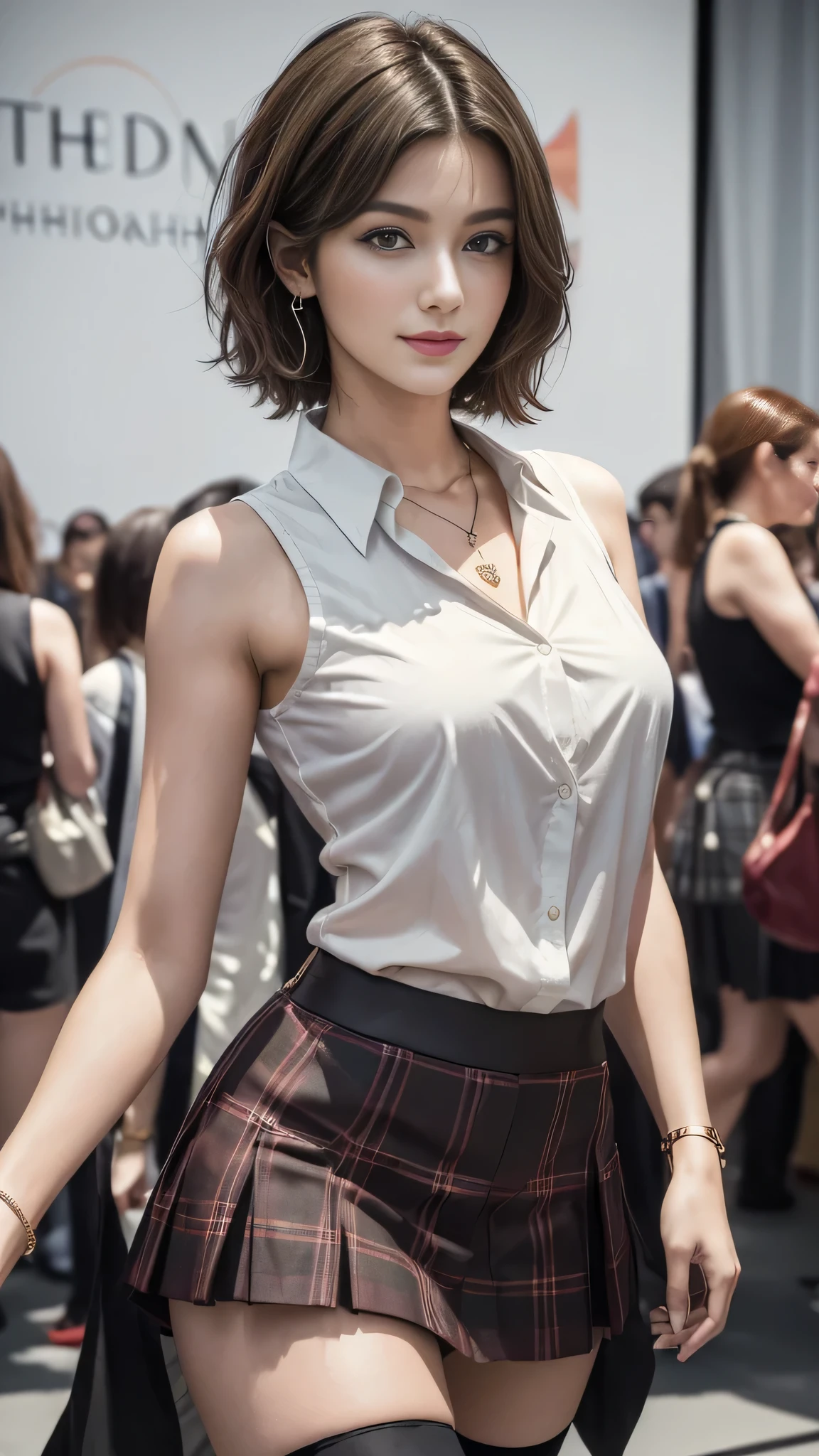 (Masterpiece, best quality, award winning, photorealistic, fashion photography :1.5), Photoshoot by DSLR camera with vivid color tone, sharp focus, 35mm. lens and f/2.8. close-up shot at comic con event hall, A beautiful European female youth, model, ig idol, delicate face, perfect slim body, stunning slender figure, beautiful eyes, no make-up, dark blonde messy short hairs. Wearing white sleeveless button down shirt, black thighhighs, red kilt-skirt, pendant, bracelet, event hall, crowd in backgrond, smirking.