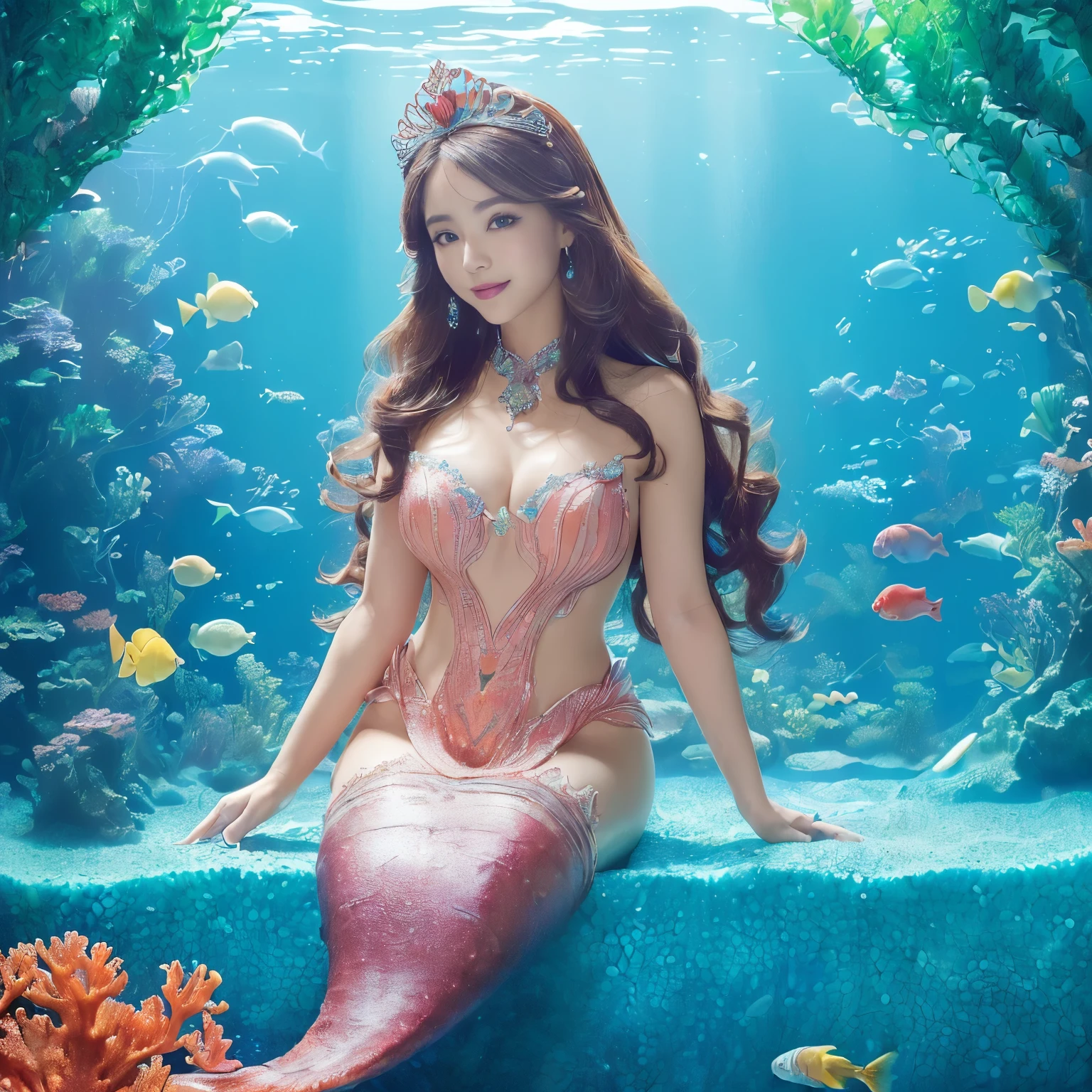 ((highest quality, masterpiece, ultra high resolution、the most complex and detailed depiction))、((realistic mermaid princess,mermaid tail,beautiful scaled tail,Sitting in a fantastic and special bed,Mermaid sitting on bed,look at the camera,big smile,Shot from up close,Also photographed tail)),(((((The wall of the room is an aquarium.,Arched walls,There are two water tanks.,Rooms surrounded by aquarium,Everything on the wall is an aquarium,広いaquarium,魚はaquariumで泳ぐ,Underfloor water tank.,フロアは巨大なaquarium,壁は巨大なaquarium,Complex and delicate aquarium depiction,aquariumの詳細な描写,豪華に装飾されたaquarium,aquarium,美しい魚がaquariumで泳ぐ))))),(((A space based on emerald blue and purple, There are many beautiful corals and shells in the room.,Wonderful decorative bed))),(A big smile looking at me,mermaid tail、wavy hair),((Complex, Finely shining scales,whole body jewelry decoration,most gorgeous princess costume,the most luxurious decoration,全身にComplex宝石が施されている、described her face in detail,Luminous scales,very finely drawn scales,Giant tiara,)),((Clear and detailed background,The whole room is fantastically decorated,All fantastic and sparkling backgrounds))