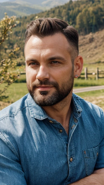 create a very realistic 41 year old Polish man, dark blonde hair. All against the background of mountains