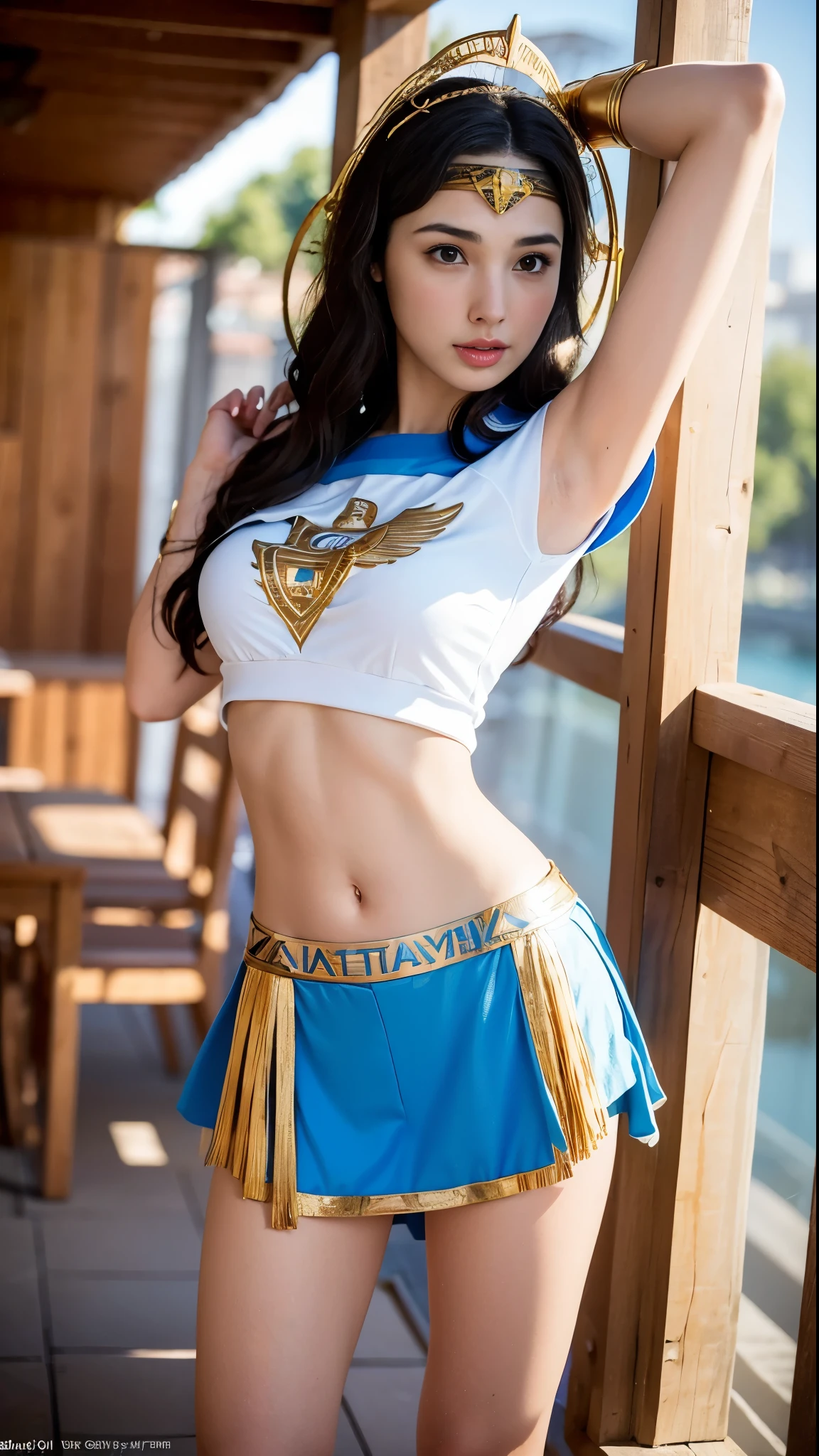 (best realistic quality, 8K, Slightly chubby woman, oily porcelain skin, whole body, Right in front of you, light reflecting on her face, Very good shape, Charm, perfect and well detailed, (long hair, Reach up to your waist), ((round and medium breasts)), equal breast size and appearance, she is wearing a cover, (chest、best style tops, futuristic, with small gold details), (dark blue, white details), (white shorts with belt ), (thick legs), in a very bright environment, and (Very lit, realistic).
