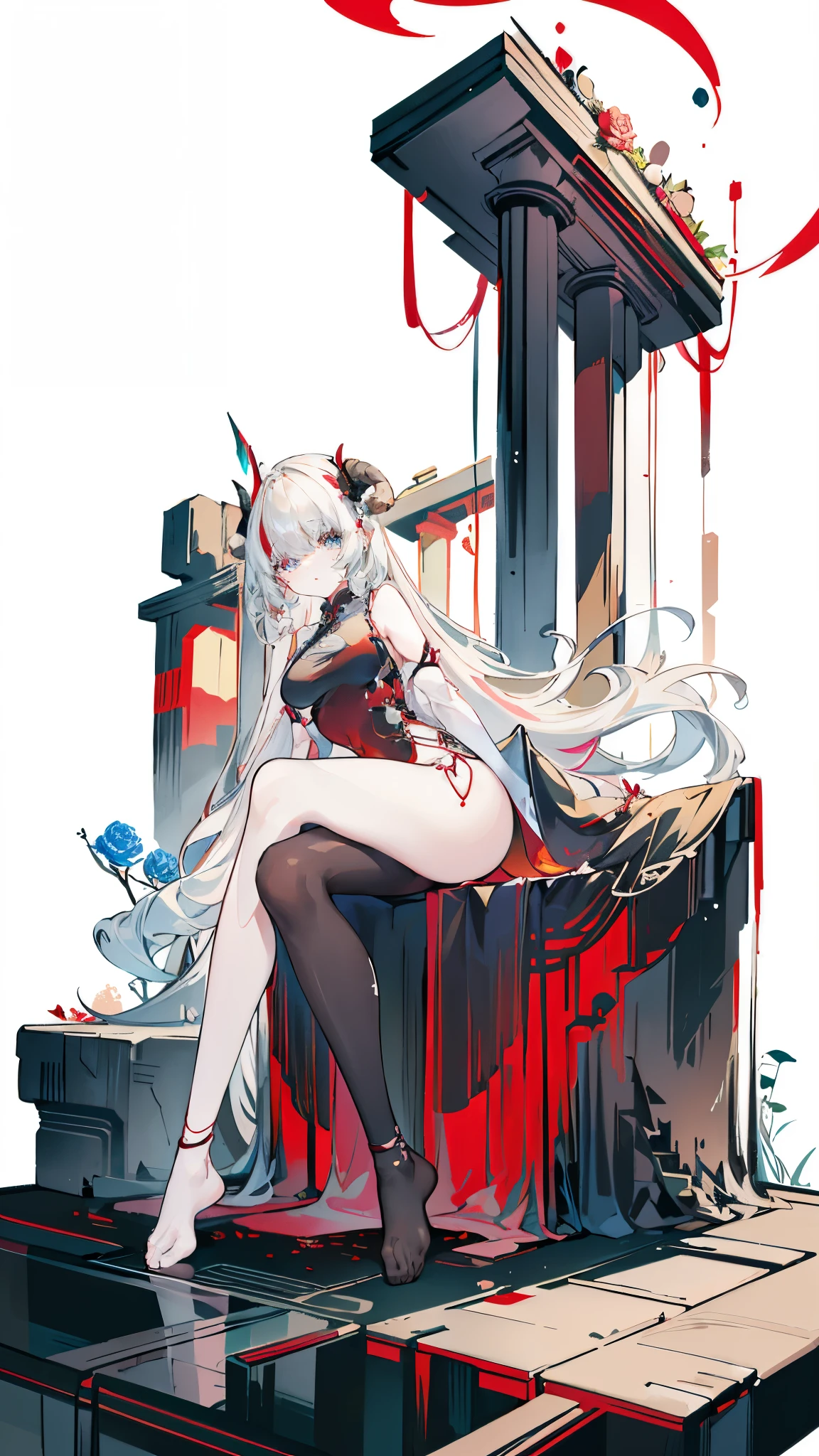 a girl，Sheep&#39;s horn, full color,  long white hair, Red眼睛 ，Eyeliner,  black transparent clothes, Red, open air, Rose, night, ruins, Butterfly，mine same as the original, mine, , (:1.2)
rest, (cheongsam), (view from below), (Put your arms behind your back), (wild lift), thin dress, Crotch cutout, 
rest looking at viewer, 
rest, Home,
rest (masterpiece:1.2), best quality, high resolution, unified 8k wallpaper, (illustration:0.8), (Beautiful and delicate eyes:1.6), extremely detailed face, perfect lighting, Very detailed cg, (perfect hands, perfect anatomy),soles of feet，sitting，blond，red lips，Acting cute，close up，spread legs，camel toe