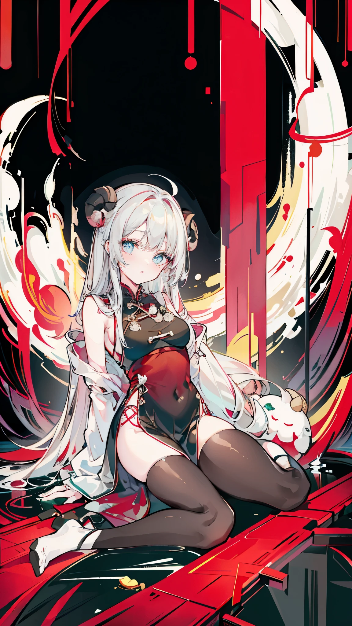 a girl，Sheep&#39;s horn, full color,  long white hair, Red眼睛 ，Eyeliner,  black transparent clothes, Red, open air, Rose, night, ruins, Butterfly，mine same as the original, mine, , (:1.2)
rest, (cheongsam), (view from below), (Put your arms behind your back), (wild lift), thin dress, Crotch cutout, 
rest looking at viewer, 
rest, Home,
rest (masterpiece:1.2), best quality, high resolution, unified 8k wallpaper, (illustration:0.8), (Beautiful and delicate eyes:1.6), extremely detailed face, perfect lighting, Very detailed cg, (perfect hands, perfect anatomy),soles of feet，sitting，blond，red lips，Acting cute，close up