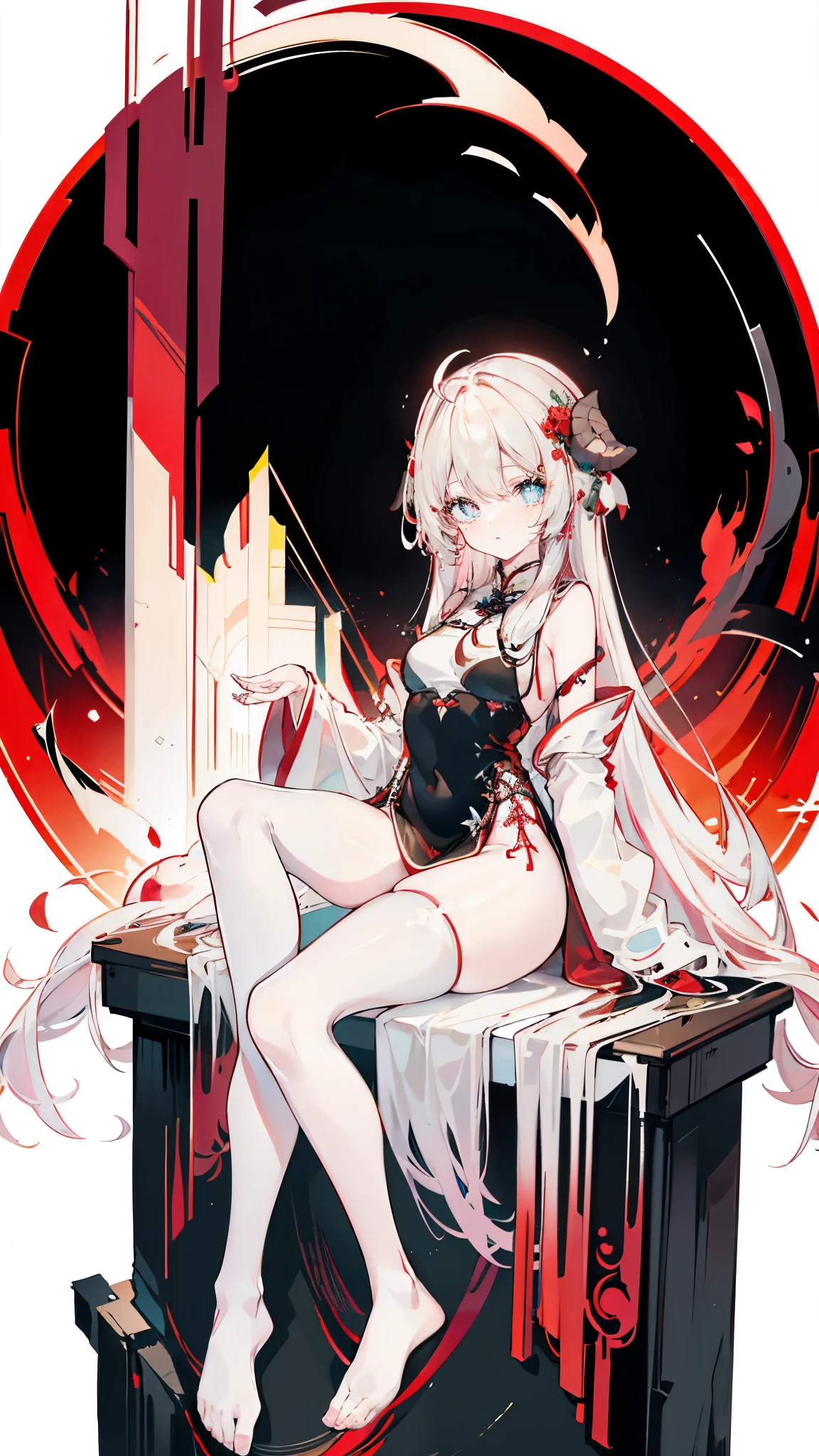 a girl，Sheep&#39;s horn, full color,  long white hair, Red眼睛 ，Eyeliner,  black transparent clothes, Red, open air, Rose, night, ruins, Butterfly，mine same as the original, mine, , (:1.2)
rest, (cheongsam), (view from below), (Put your arms behind your back), (wild lift), thin dress, Crotch cutout, best quality, high resolution, unified 8k wallpaper, (illustration:0.8), (Beautiful and delicate eyes:1.6), extremely detailed face, perfect lighting, Very detailed cg, (perfect hands, perfect anatomy),soles of feet，sitting，blond，red lips，Acting cute，Close-up of feet，up-close，Complete feet