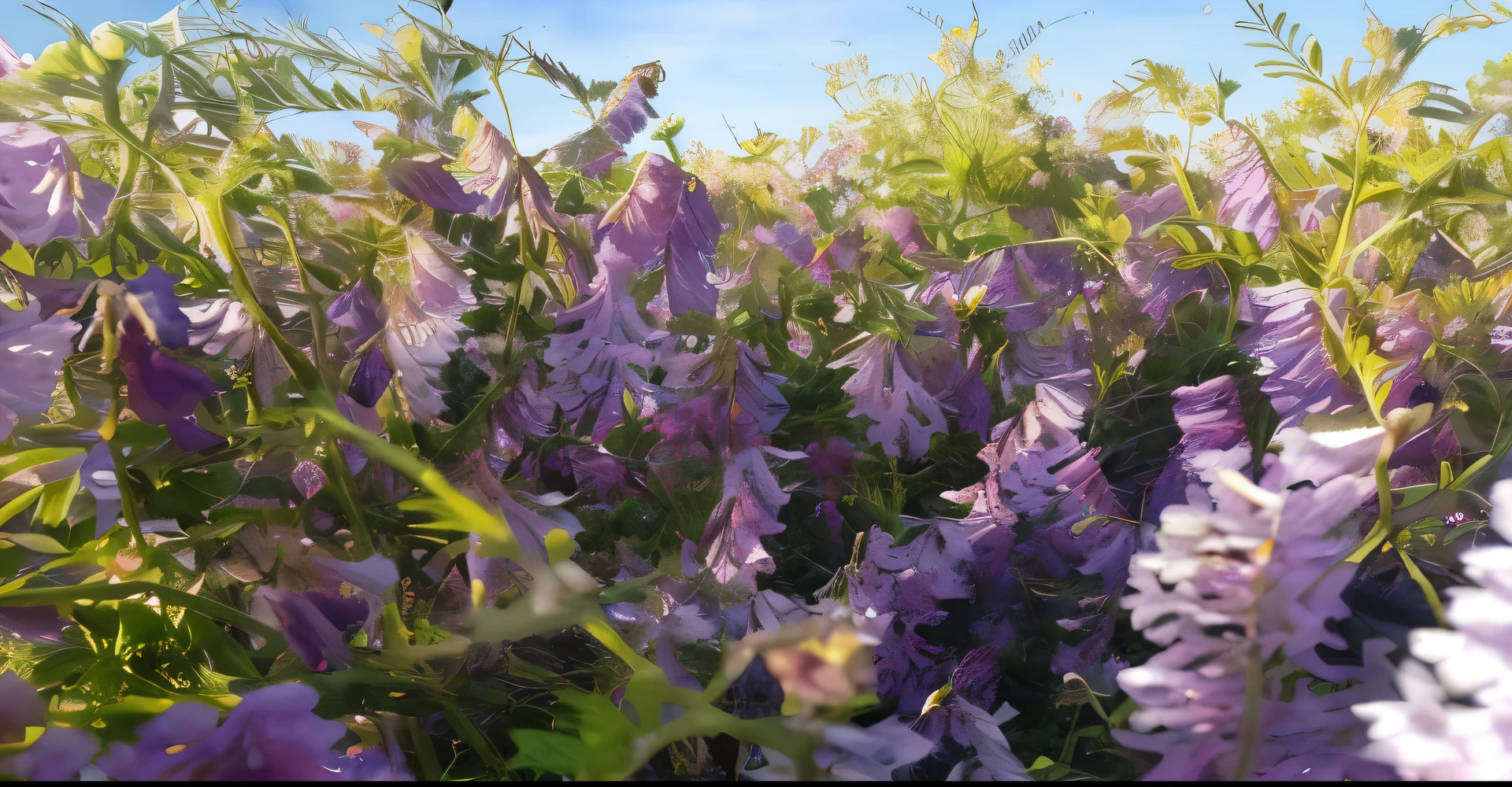 purple flower（Purple sweet potato flower） In the fields with blue sky as background, sunny morning light, summer morning light, purple flower, mid morning lighting, nice images, view from below, Shot with Sony A3 camera, beautiful soft lighting, hard morning light, lavender sunshine, morning light, author：Anatole Finn table, purple flower trees, photo, Perfect refreshing sunshine