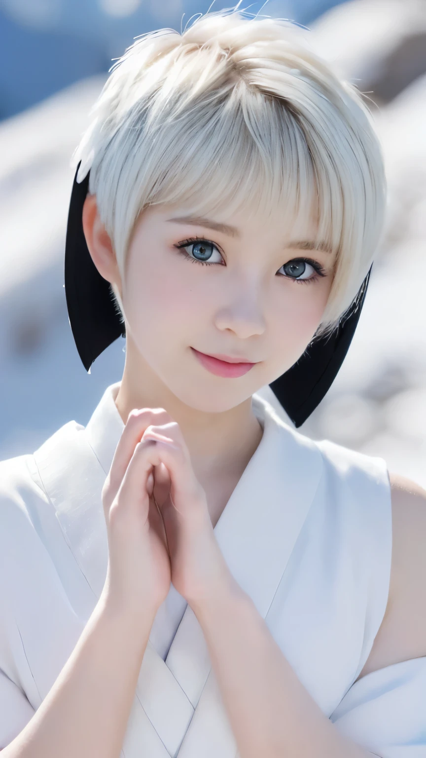 ((Best-quality, Masterpiece, Ultra-High-Resolution, (Photorealistic:1.4), Raw-Photo, Extremely-Details, Perfect-Anatomy)), 1girls, 18-years-old, the most popular Japanese-idol, standing at snowy mountain, innocent smile, (((((claw-pose, extremely cute face like a most famous Japanese-idol, extremely beautiful big-black-eyes, extremely beautiful white-short-cut-haired))))), extremely beautiful lips, extremely beautiful long-eyelashes, extremely beautiful white-skins, extremely beautiful hands, extremely beautiful fingers, wearing only white-Japanese-KIMONO, detailed snowy-mountain, detailed white-Japanese-KIMONO