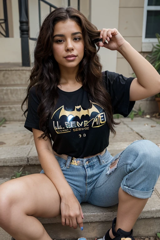 A pretty hispanic woman with long curly hair, sitting on her front steps, legs open wide, with arms resting her on knees, in a batman tee shirt and denim shorts, a cigarette hanging from her lips, with an unconscious bat lying at her feet.