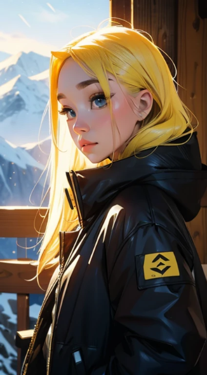 Beautiful girl with detailed face and eye-catching pose standing in front of colorful snow mountain landscape. 풍경은 다양하고 vivid colors을 갖추고 있으며 웅장한 무지개도 포함되어 있습니다.. the girl is long., Yellow hair adds to her elegance and uniqueness.. She wore a hip-hop style padded jacket., It makes her trendy appearance stand out even more.. Image taken in ultra-high resolution portrait mode, Ensures the highest quality and captures every intricate detail of your scene.. The lighting was professionally done., Highlights the girl&#39;s features and creates a visually stunning effect.. The overall result is a masterpiece with realistic details.., vivid colors, And a little fantasy.