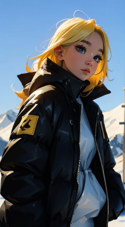 Beautiful girl with detailed face and eye-catching pose standing in front of colorful snow mountain landscape. 풍경은 다양하고 vivid colors을 갖추고 있으며 웅장한 무지개도 포함되어 있습니다.. the girl is long., Yellow hair adds to her elegance and uniqueness.. She wore a hip-hop style padded jacket., It makes her trendy appearance stand out even more.. Image taken in ultra-high resolution portrait mode, Ensures the highest quality and captures every intricate detail of your scene.. The lighting was professionally done., Highlights the girl's features and creates a visually stunning effect.. The overall result is a masterpiece with realistic details.., vivid colors, And a little fantasy.