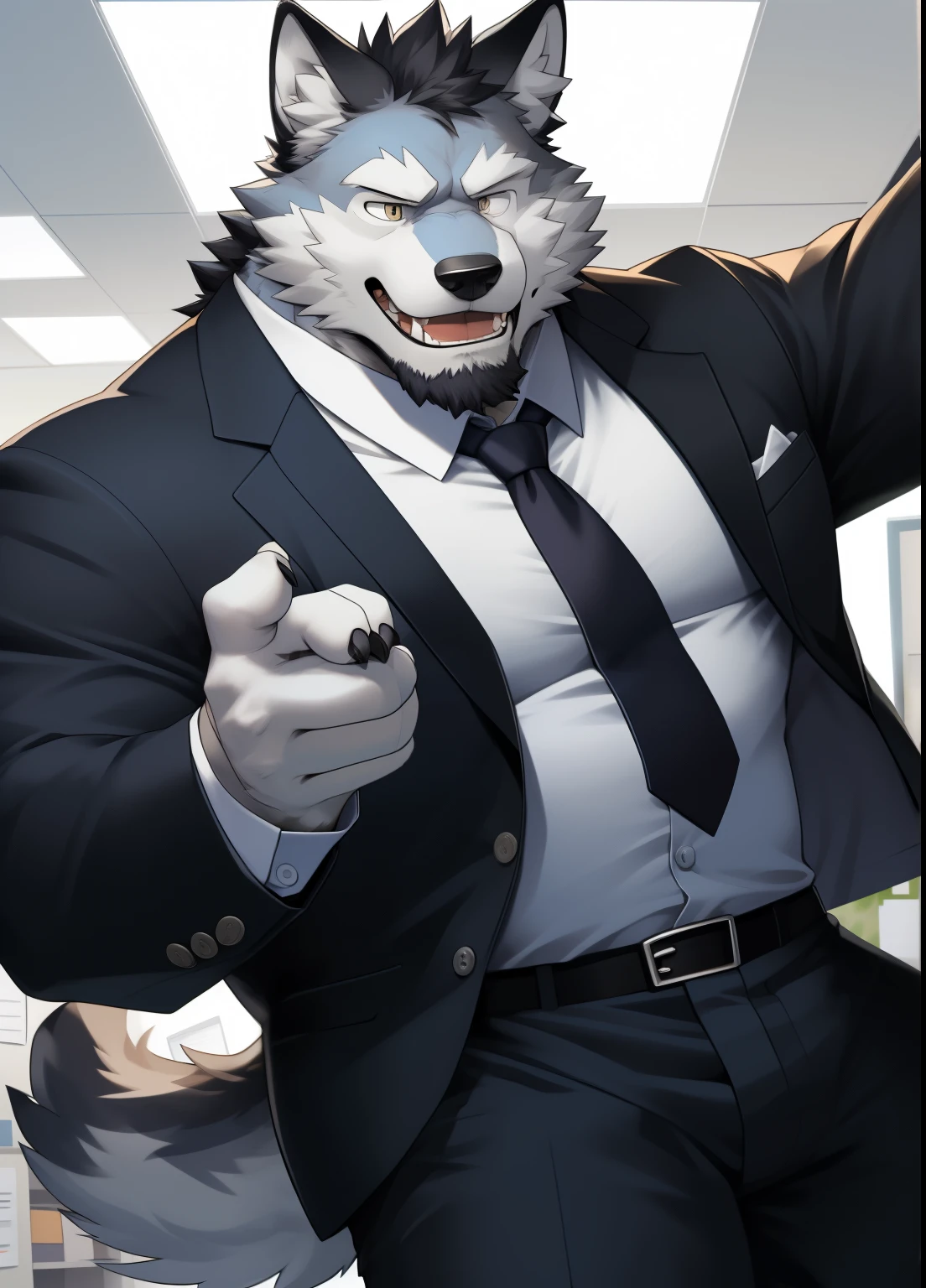 hairy,((Wolf,unbuttoned white shirt,black tie)),white fur,male,Common,((极其lifelike阴影,masterpiece,Very detailed,lifelike)),
((Cat)),Physical man,dynamic poses,office