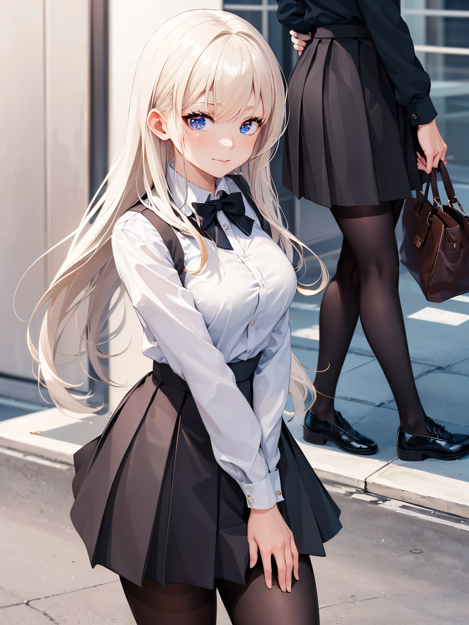 (1 girl),(high quality), (High resolution), (extremely detailed), (8K),(lower body shot),(She is wearing a school uniform and a pleated skirt.),(wearing black pantyhose)not wearing shoes,perfect writing,(Beautifully erect nipple shape),High resolutionの美しい目,(neutral white lighting:1.2),Walking around the city during the day