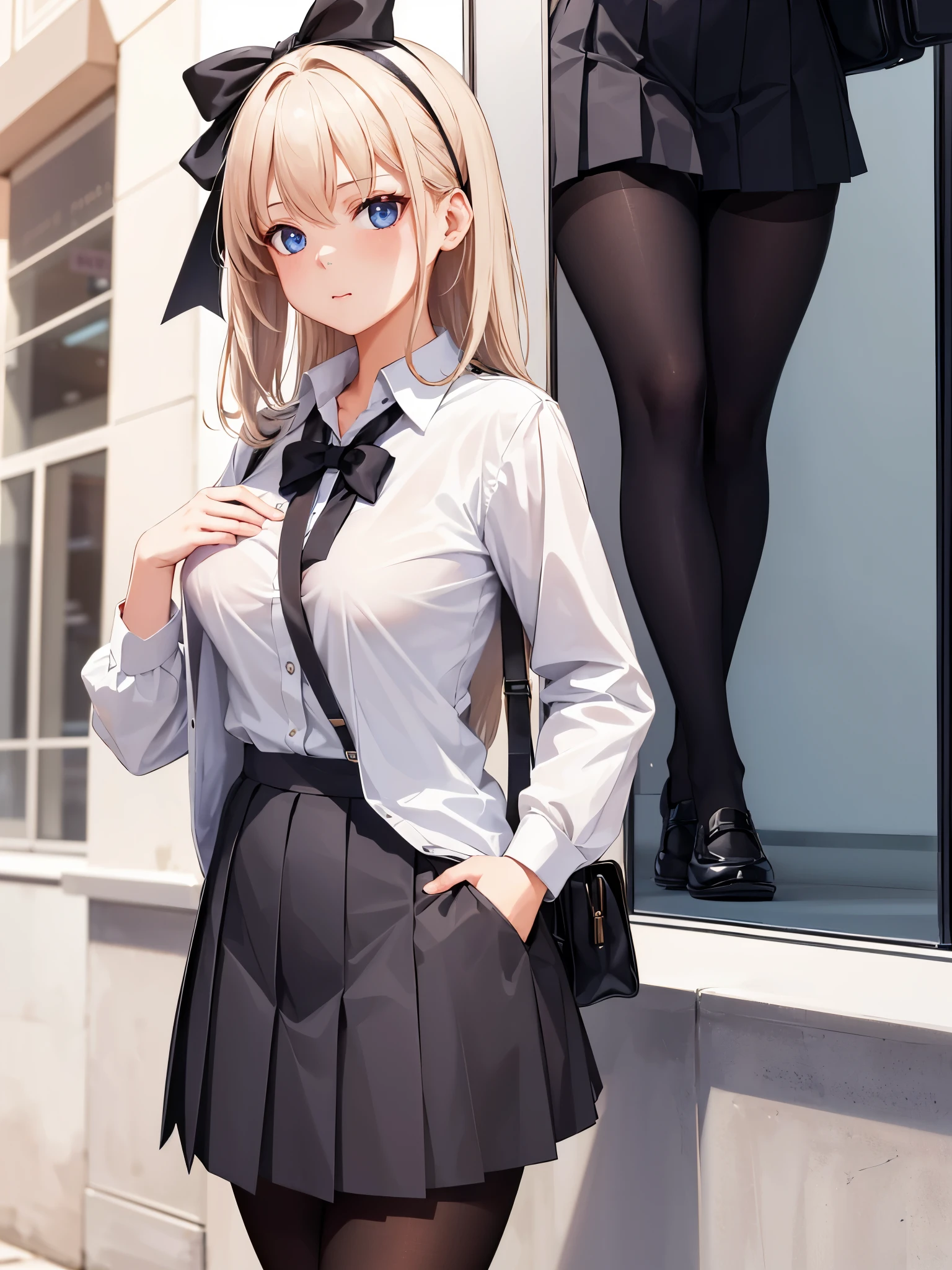 (1 girl),(high quality), (High resolution), (extremely detailed), (8K),(lower body shot),(She is wearing a school uniform and a pleated skirt.),(wearing black pantyhose)not wearing shoes,perfect writing,(Beautifully erect nipple shape),High resolutionの美しい目,(neutral white lighting:1.2),Walking around the city during the day