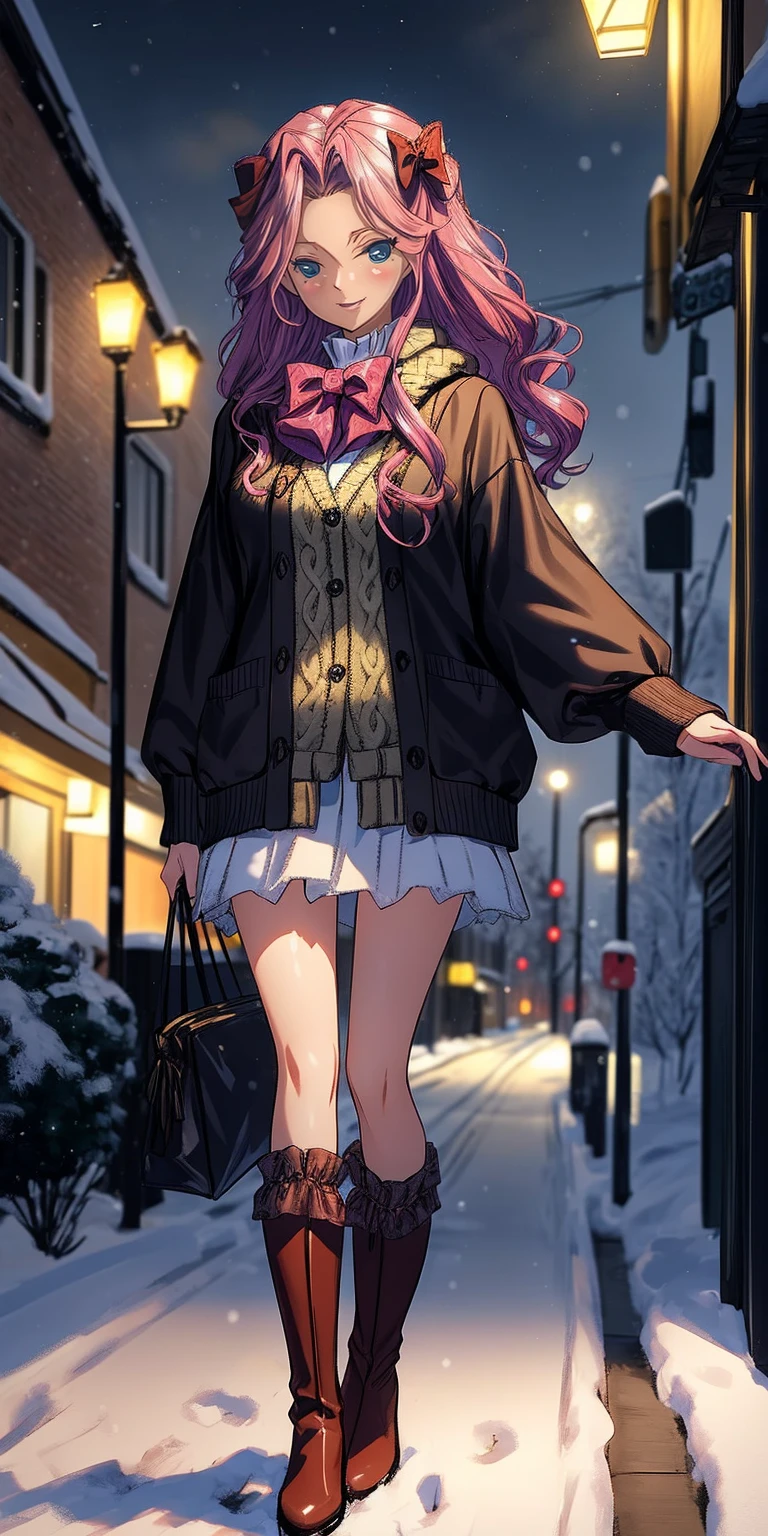 (masterpiece:1.2), best quality, highres, original, (extremely detailed:1.2), ultra-detailed, wallpaper, perfect lighting,(extremely detailed CG:1.2), 8k, anime illustration, 1girl, solo, smiling, (winter outfit:1.2), standing on the street, (knit cardigan:1.1), (bowknot on cardigan:1.25), knee-length skirt, (Ruffled hemline:1.3), winter boots, {delicate|detailed}clothes, (anatomically correct:1.34), close-up, full-body, looking at viewer, frontal, snowy street, (streetlight:1.17), city background, night, unity 4k
