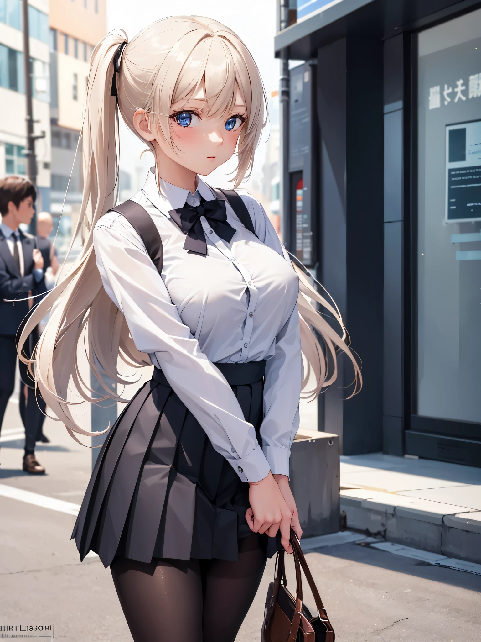 (1 girl),(high quality), (High resolution), (extremely detailed), (8K),(lower body shot),(She is wearing a school uniform and a pleated skirt.),(wearing black pantyhose)not wearing shoes,perfect writing,(Beautifully erect nipple shape),High resolutionの美しい目,(neutral white lighting:1.2),Walking around the city during the day