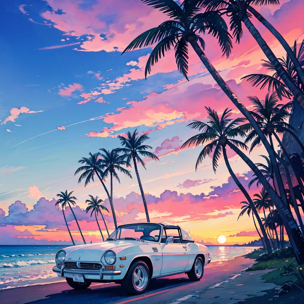(watercolor), pink sky, big moon, beach, palm tree, white classic car, convertible
