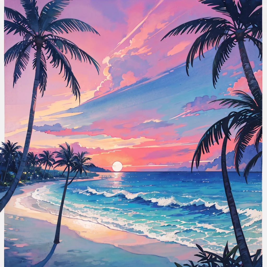 (watercolor), pink sky, big moon, beach, palm tree, white classic car, convertible