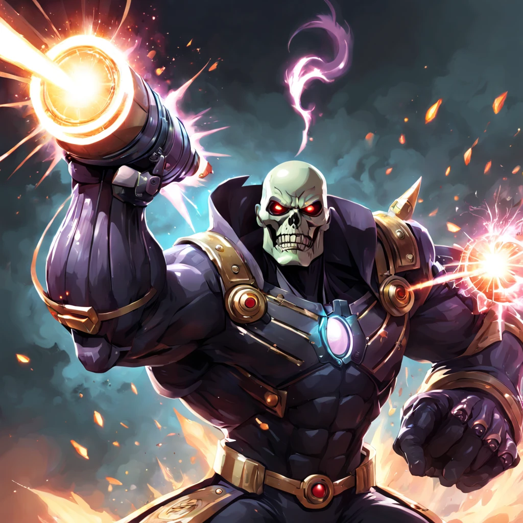 Super Villian DeathCharge who's arm transforms into a cannon and fires energy shots