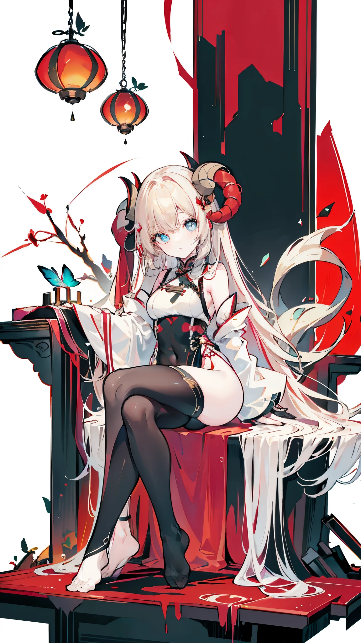 a girl，Sheep&#39;s horn, full color,  long white hair, Red眼睛 ，Eyeliner,  black transparent clothes, Red, open air, Rose, night, ruins, Butterfly，mine same as the original, mine, , (:1.2)
rest, (cheongsam), (view from below), (Put your arms behind your back), (wild lift), thin dress, Crotch cutout, 
rest looking at viewer, 
rest, Home,
rest (masterpiece:1.2), best quality, high resolution, unified 8k wallpaper, (illustration:0.8), (Beautiful and delicate eyes:1.6), extremely detailed face, perfect lighting, Very detailed cg, (perfect hands, perfect anatomy),soles of feet，sitting，blond，red lips，Acting cute，close up，spread legs，camel toe