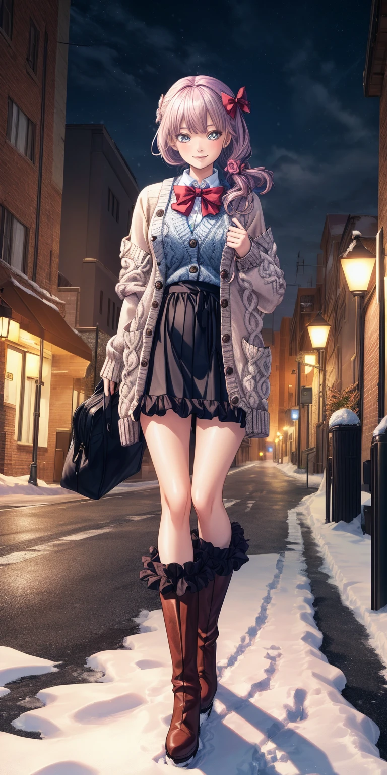 (masterpiece:1.2), best quality, highres, original, (extremely detailed:1.2), ultra-detailed, wallpaper, perfect lighting,(extremely detailed CG:1.2), 8k, anime illustration, 1girl, solo, smiling, (winter outfit:1.2), standing on the street, (knit cardigan:1.1), (bowknot on cardigan:1.25), knee-length skirt, (Ruffled hemline:1.3), winter boots, {delicate|detailed}clothes, (anatomically correct:1.34), close-up, full-body, looking at viewer, frontal, snowy street, (streetlight:1.17), city background, night, unity 4k
